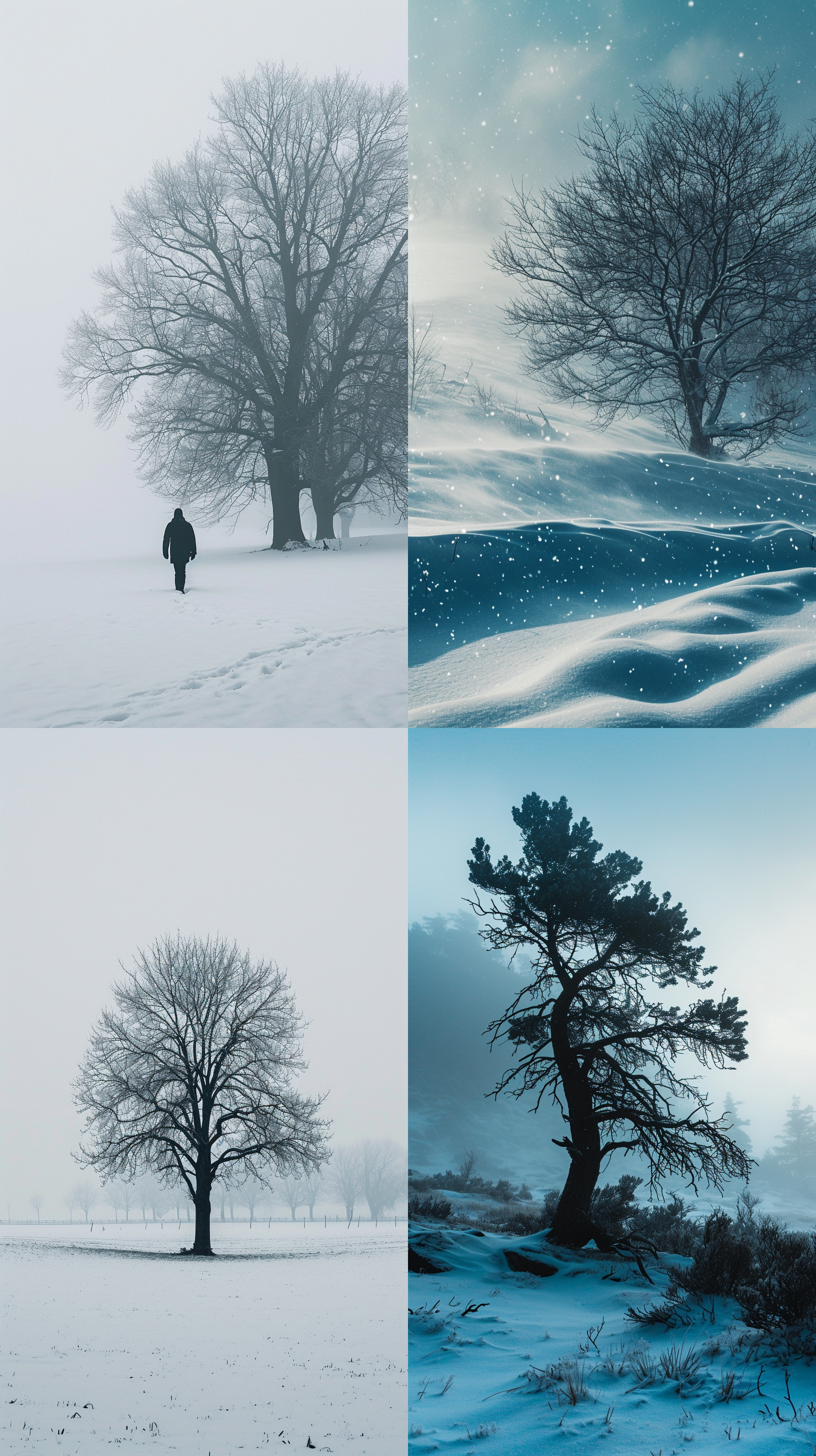 a tree is walking across the snow in the snow, hazy, foggy::2, endless snow, in the style of captivating documentary photos, akos major, monochrome landscapes, intricately mapped worlds, documentary travel photography, layered lines, time-lapse photography, nikon d850