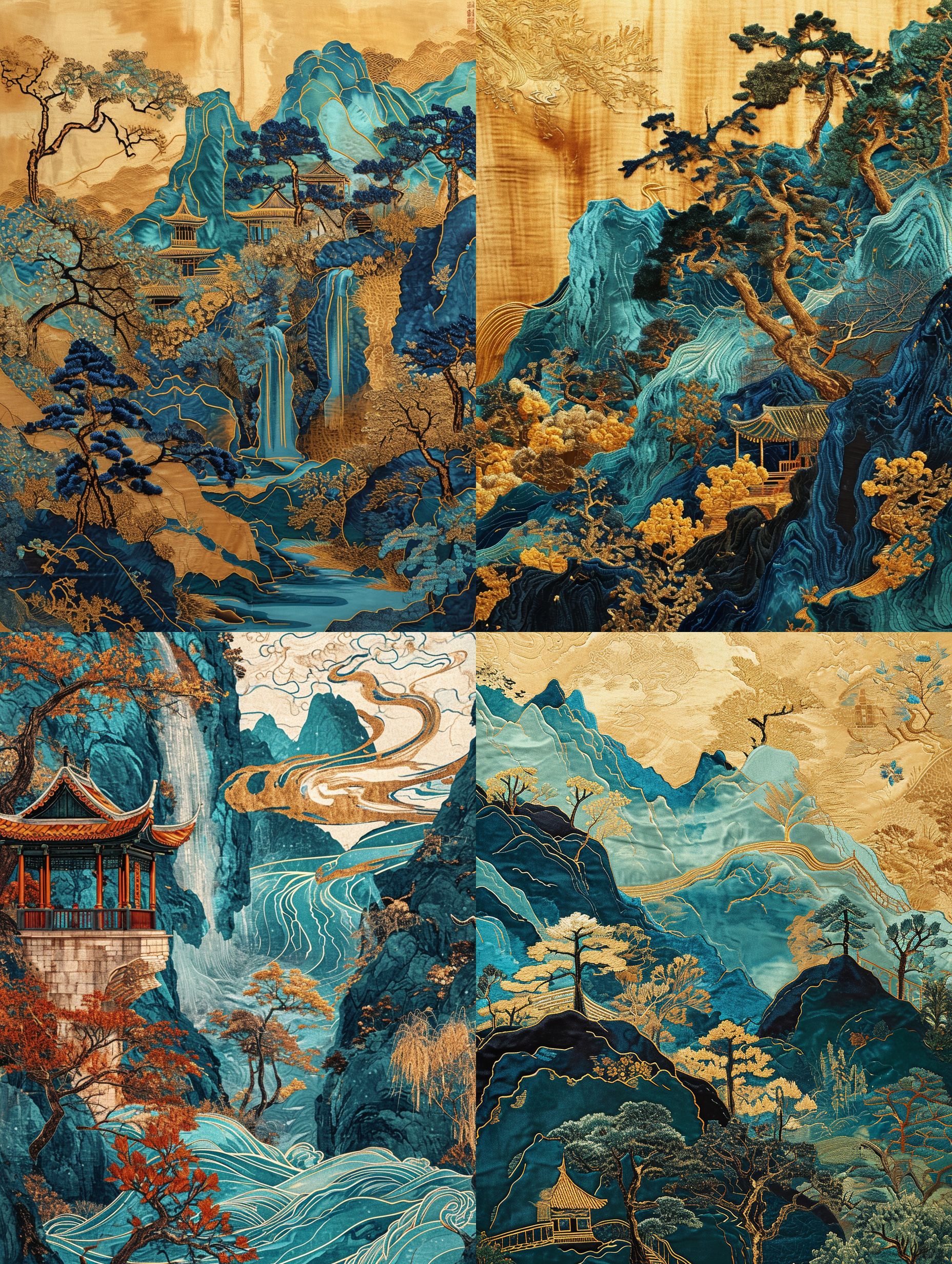 chinese embroidery craft of a golden-blue-green mountain with pavilions and trees, gilding, flowing liquid gold, minimalist color field, freehand brushwork, blank-leaving, organic form, simple background ，q 0.5 ar 3:4 ，v 6.0 