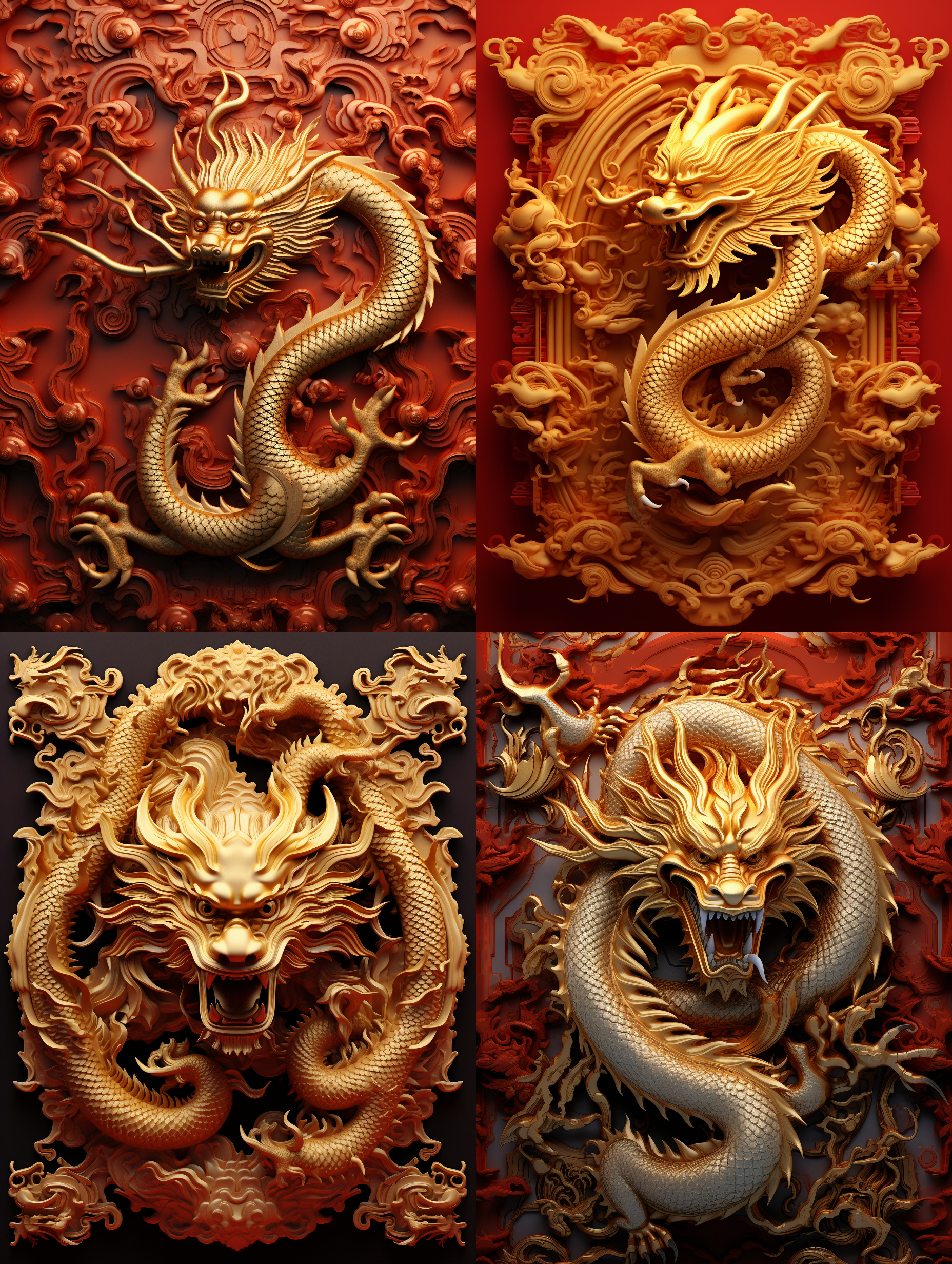 设计一个中国新年的图片，有金龙图案，很有动感，金属浮雕立体感很强，浮雕材质为细细的生锈的金属，以金色和黄色为主色调，深红色的眩幻背景，16k.