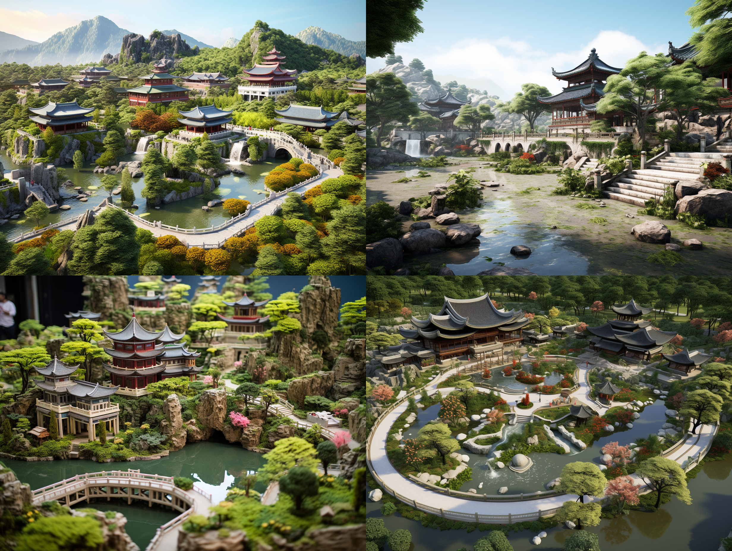 中国传统皇家园林景观，短小飞檐，明清建筑群造型设计，连体建筑群，游客，各种景观石，文化石，主题雕刻，连廊，石桥，游船，划船，青石路，青砖俑路，大面积七彩景观树，七彩景观植物，远景镜头，全景多彩花卉植被，专业风光摄影，高清，超写实，唯美，
