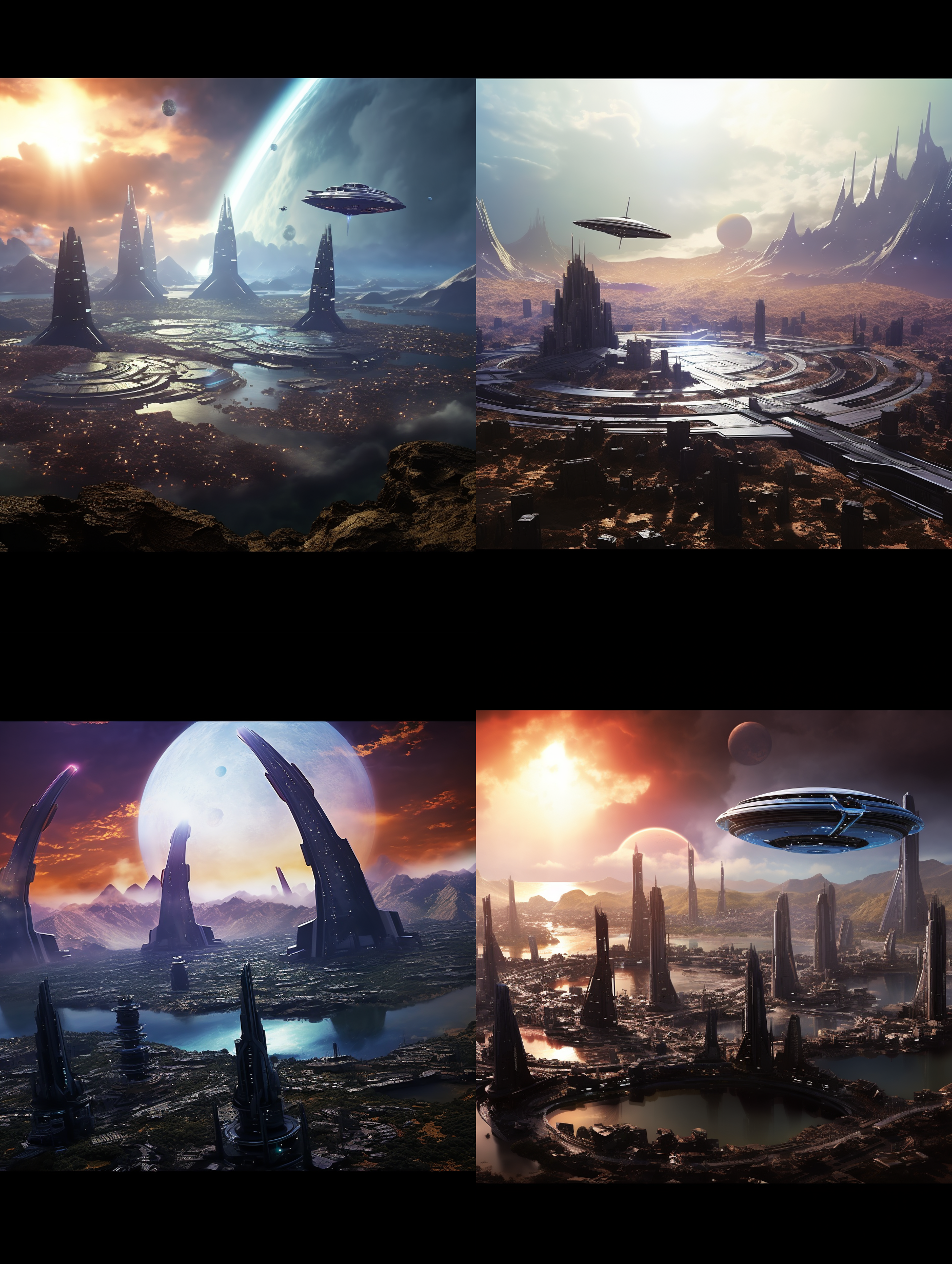 一片类似丹霞高原地貌的火星山脉群中央的一片平原地，群山的远山是规模宏大的超级城市的摩天楼和飘行飞船，一架超大型飞船伸出起落架准备降落，远处天际是巨大的星球在天上悬停，巨大的土星环互环绕着星球，七彩的天女座星云闪光着巨大的光辉，火星平原的科学实验基础分布座落在降落区周边，场景超级壮观，宏大，视觉震憾，整个画面体现了未来的科技之发达，科技美学，顶级的画质和画面美感，构图有创新，画面中要体现中国的元素，中国航天的标志，8k超高清晰度 ，大文件 