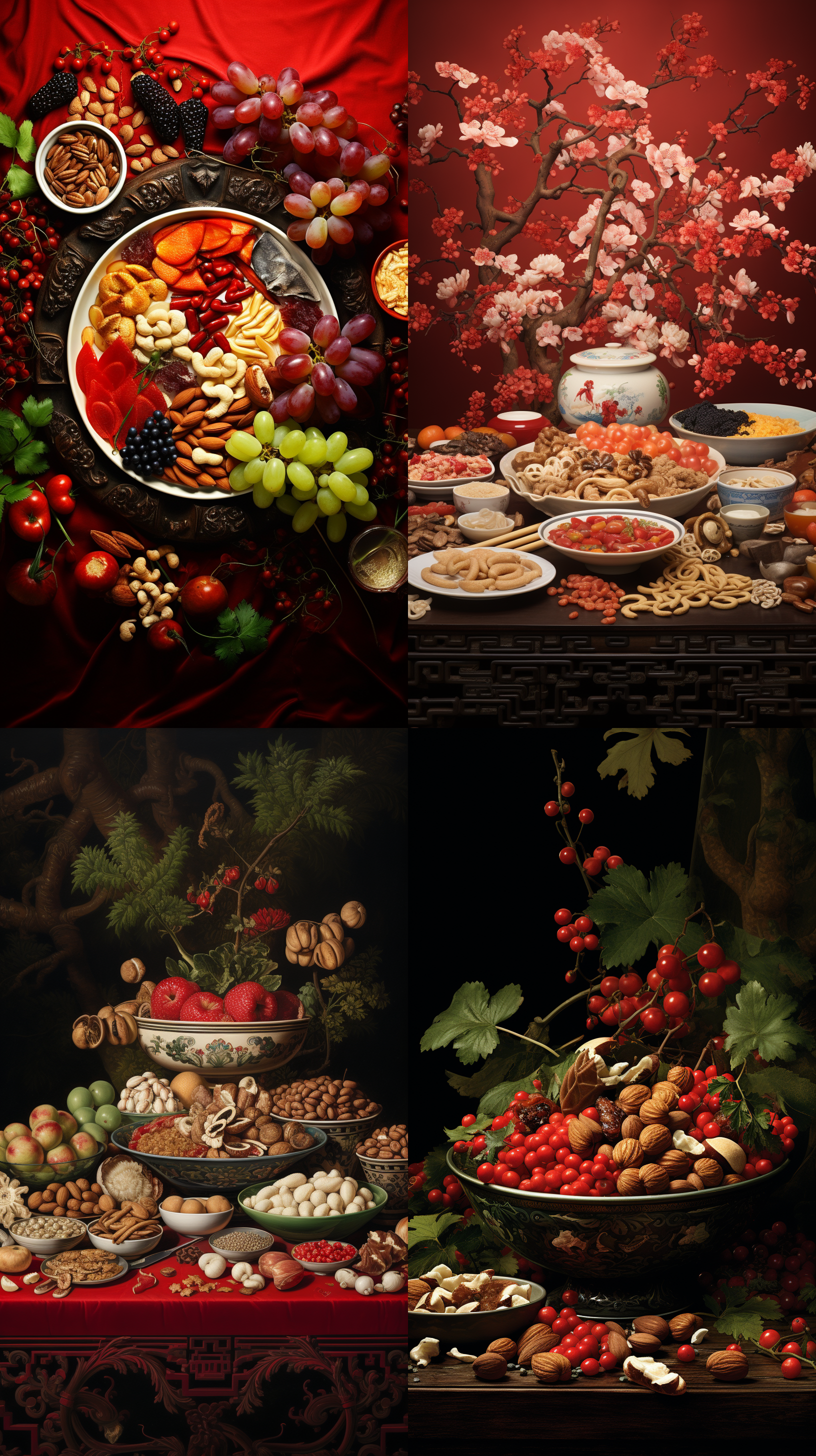 poster, a bowl of eight-treasure porridge on the table, surrounded by red dates, lotus seeds, walnuts, chestnuts, almonds, pine nuts, longans, grapes, ginkgo, green hair, roses, red beans, peanuts,
