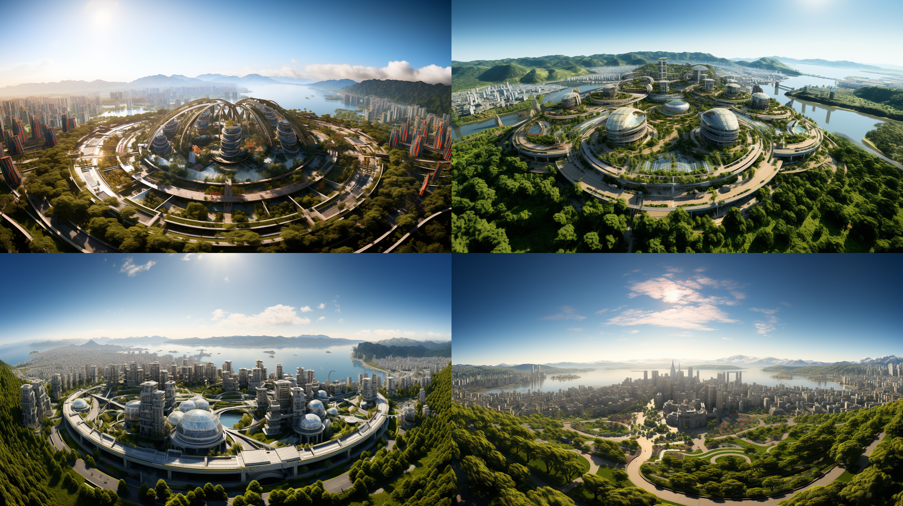 以参考图片的场景状态为标准，生成一个夕阳晚霞下的超级科幻未来城的航拍全景，高空航拍远镜头，场面规模宏大，壮观，楼群现代充满未来科技感，大片的多彩景观绿化和景观绿植，体现生态环保的理念，具有顶级的画质和艺术美感，建筑具有未来感和高科技之感，色彩层次丰富，细节丰富逼真，超写实，8k 超高清晰度