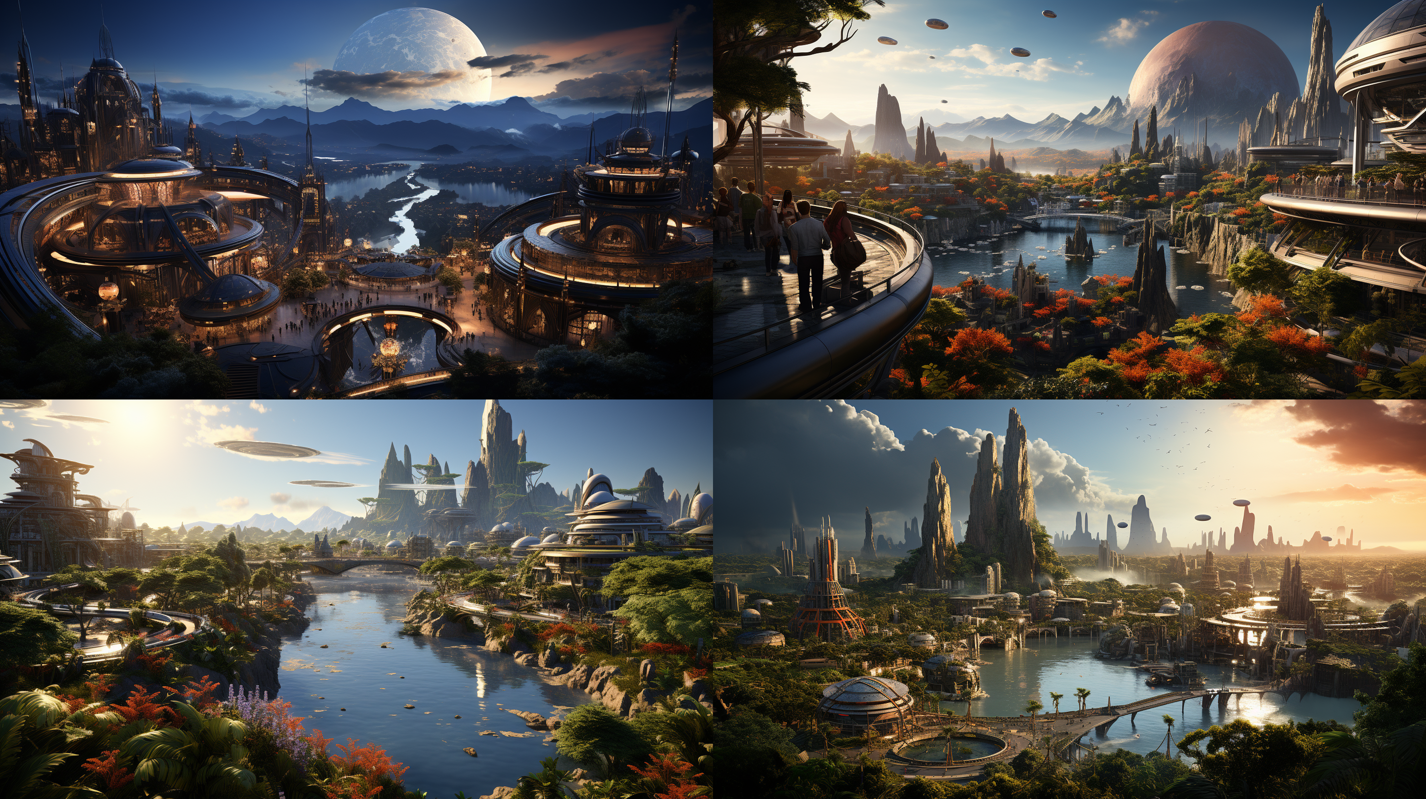 以参考图片的场景状态为标准，生成一个夕阳晚霞下的超级科幻超大规模的城市主题公园的航拍全景，高空航拍远镜头，场面规模宏大，壮观，充满突科幻感的主题雕塑，各种儿童游乐设施，儿童梦幻城堡，代充满未来科技感的科技馆建筑，迪斯尼风格的设施和建筑，大片的多彩景观绿化和景观绿植，体现生态环保的理念，具有顶级的画质和艺术美感，建筑具有未来感和高科技之感，色彩层次丰富，细节丰富逼真，超写实，8k 超高清晰度 