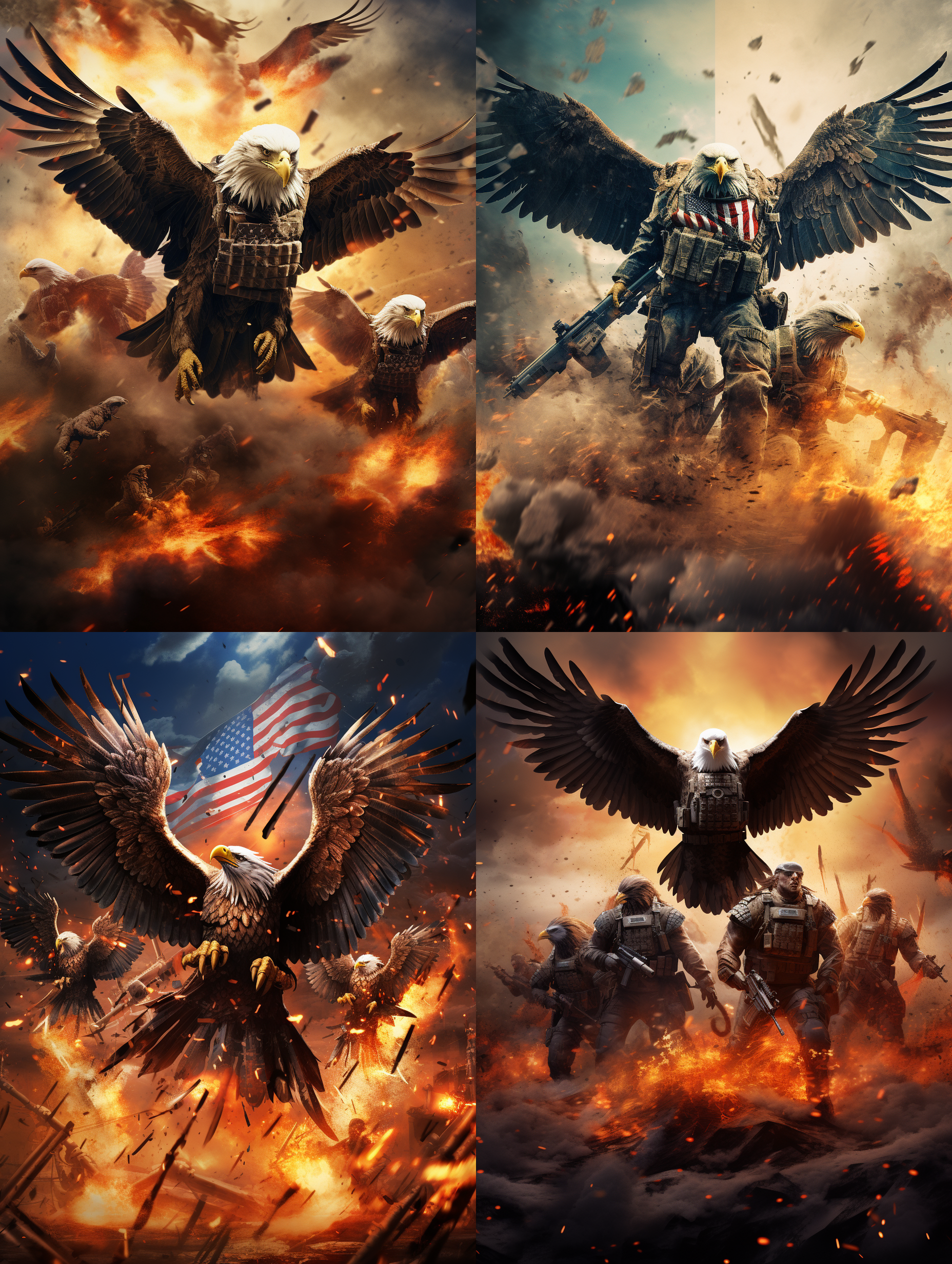 海军陆战队老鹰，身背重机枪，美国国旗的战袍，战火燃烧，子弹横飞，6k