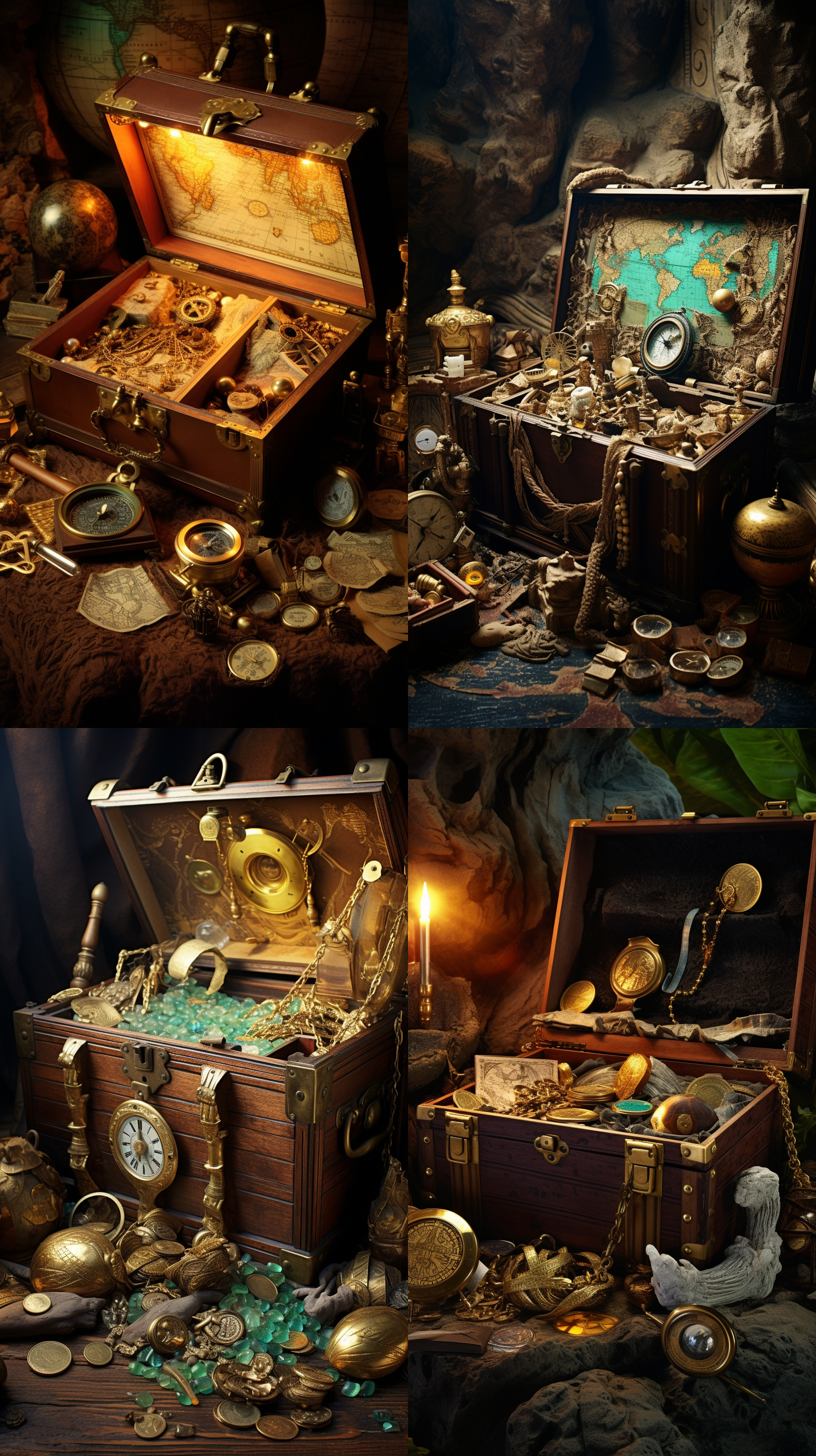 一个敞开的、装满宝石、矿物晶体和金币的vintage风格的木头宝箱，旁边有一张藏宝图，一个欧洲18世纪的航海罗盘，一个金属划规，，一个18世纪风格的单筒望远镜，还有几个由黄金和木头制成的矿物晶体模型，背景是一个加勒比海盗风格的神秘的山洞，桌面是木质的