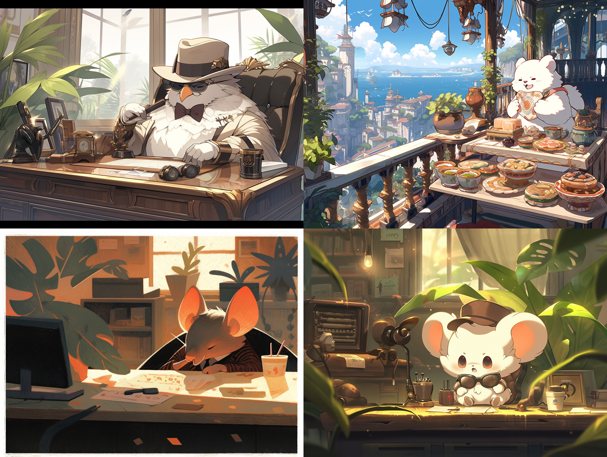 a white mouse with a strong winston churchill style sits at its own office desk, holding a smoking pipe and pondering thoughtfully.