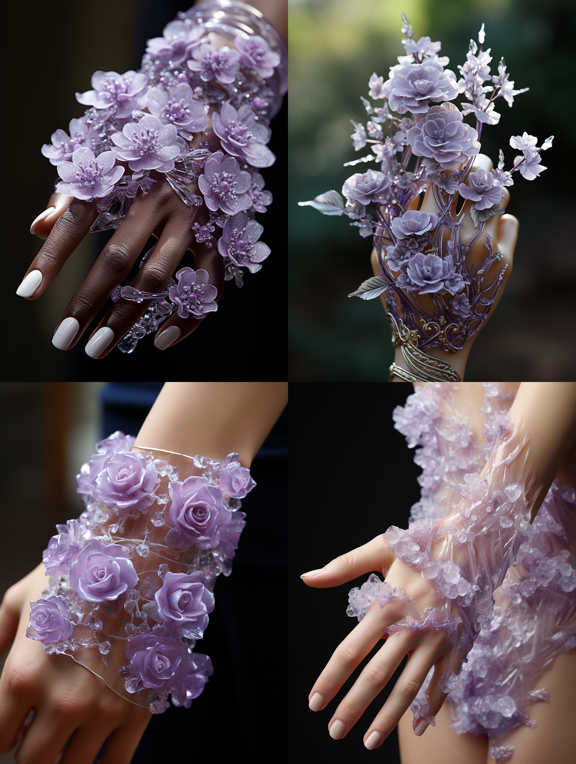 一只美女的手，手上做了以白色和紫色冰晶花为造型的美甲， 