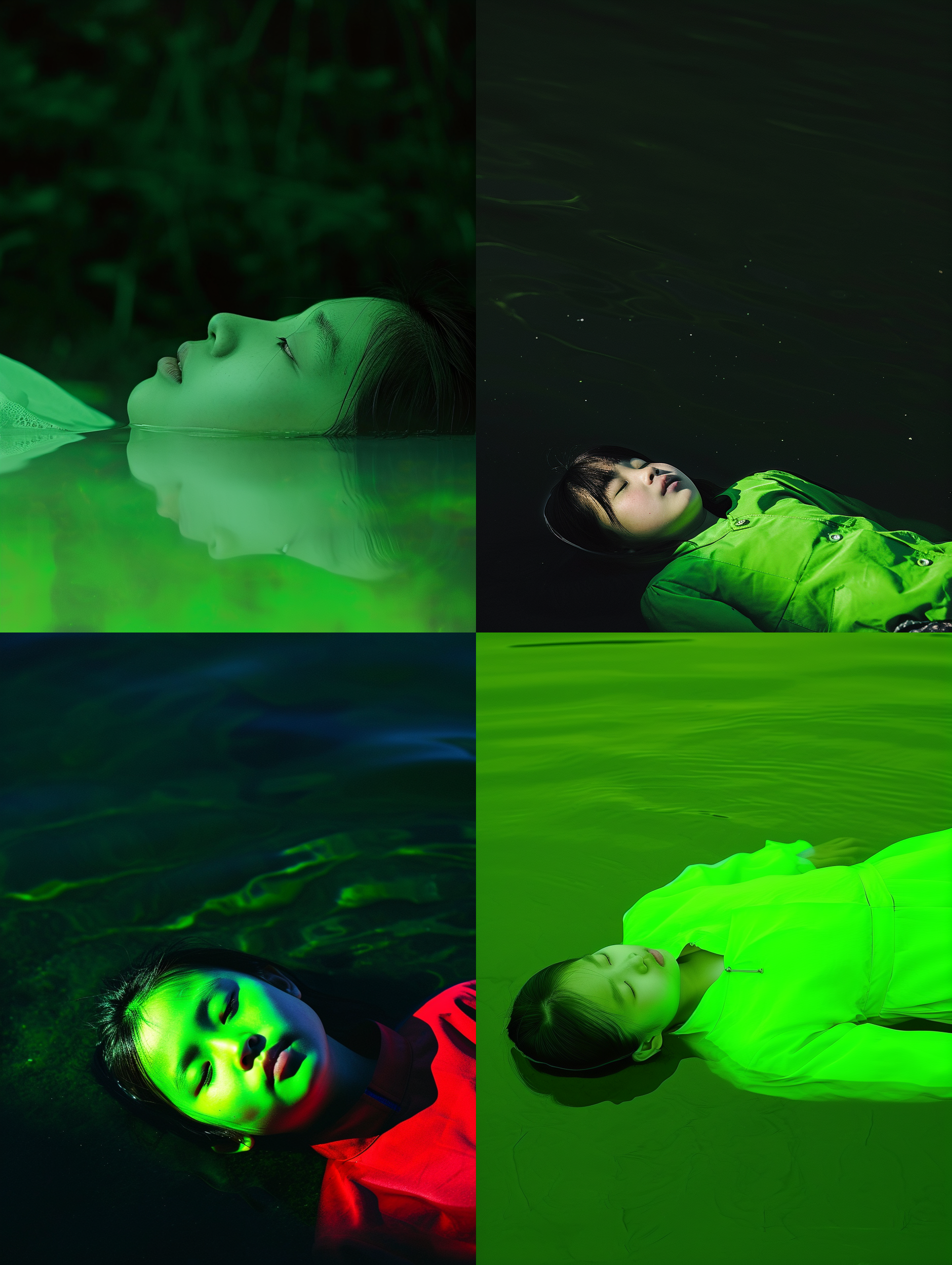 a little chinese girl lies quietly on the lake, only her face is used, character shot, minimalist style, nobuyoshi araki style, illustration, fluorescent green, high visibility, bright, movie lighting