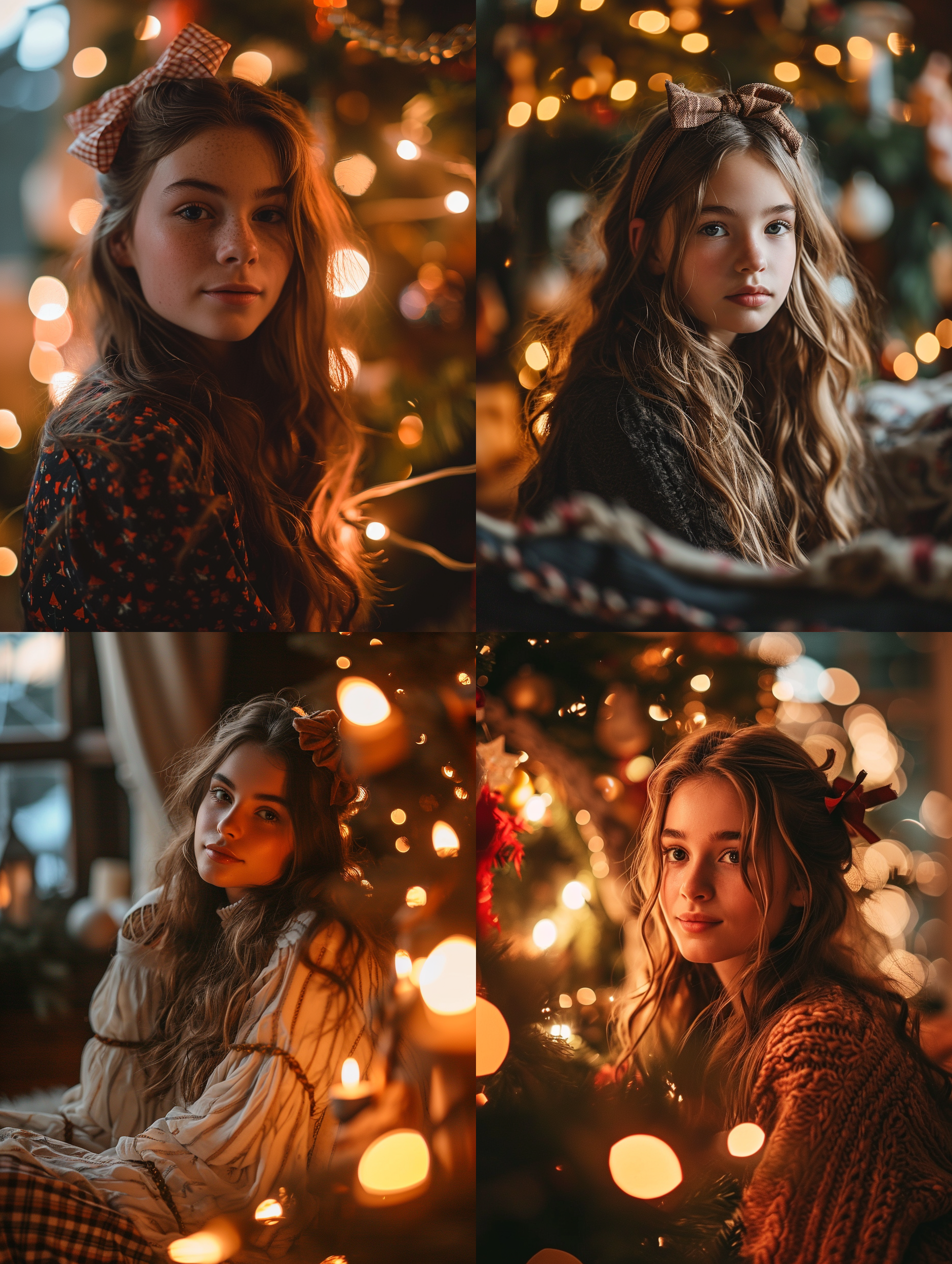 a girl with long hair and a bow in her hair sitting in front of a christmas tree with a christmas card, cute,soft candle light,knees up ,velvet,relaxed,dslr,bedroom,long shot(ls),best quality