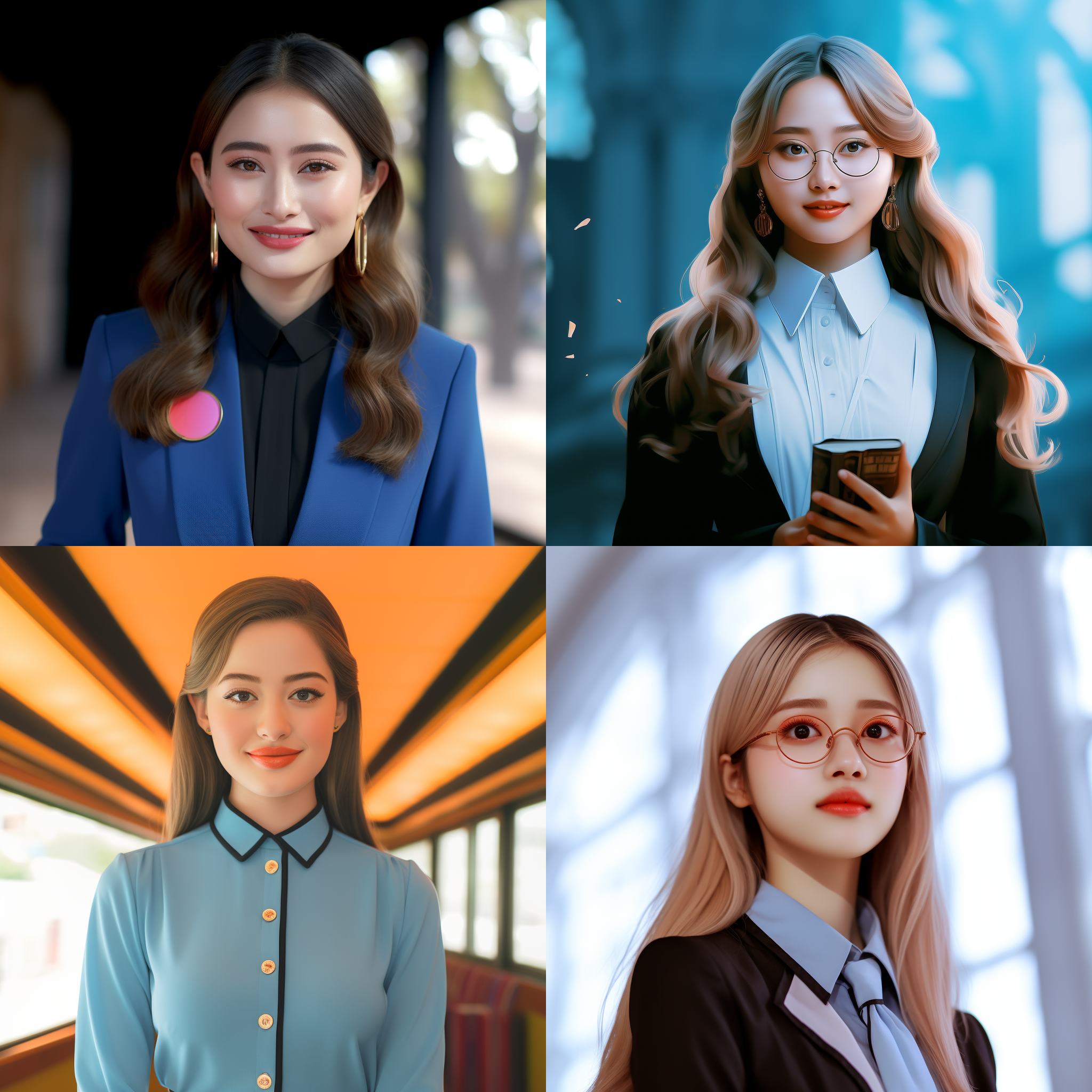 一个女孩，穿着浅蓝色职业服装，背景是图书馆