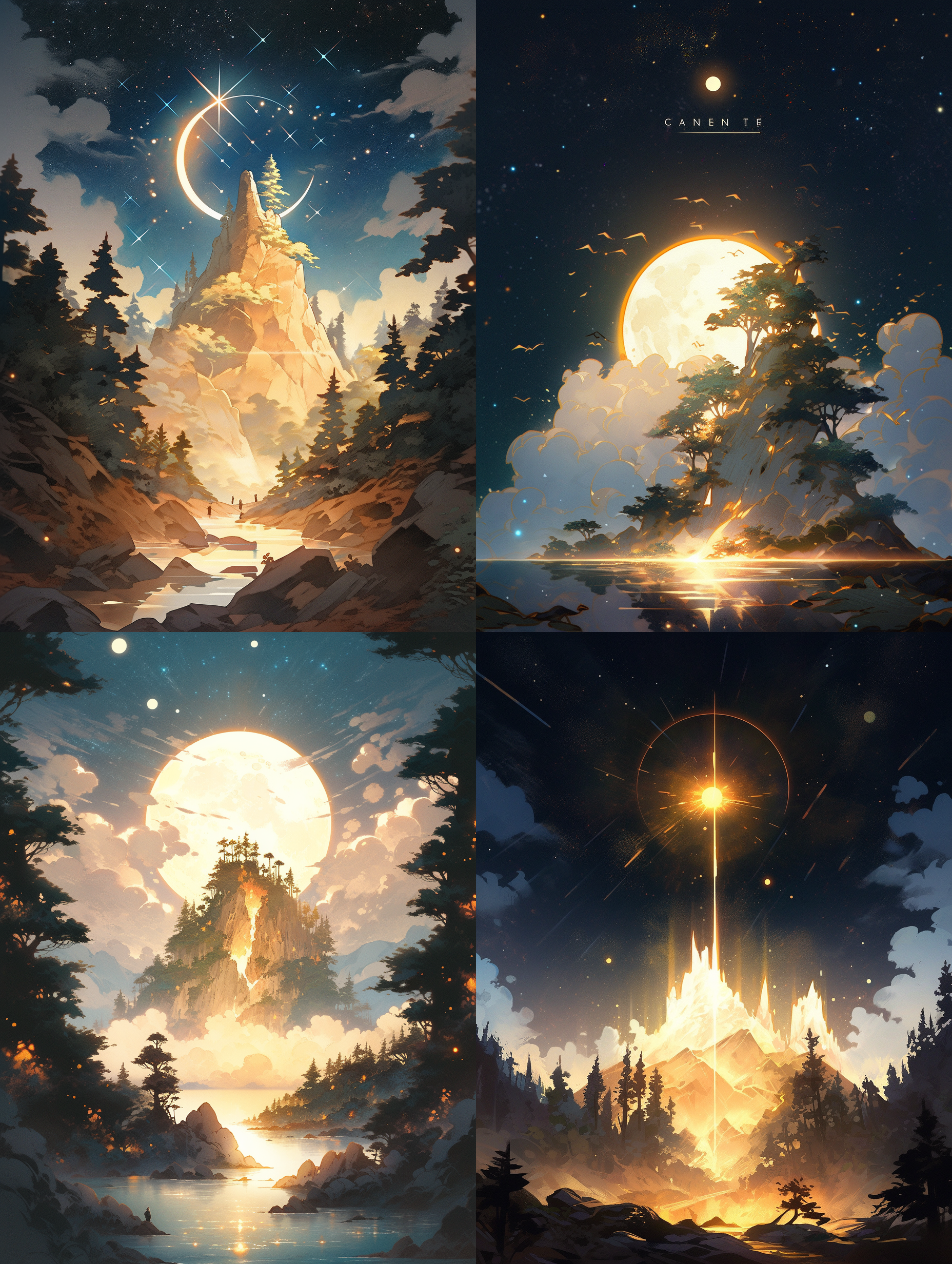 一幅悬崖峭壁有关的插画，背景一个巨大的金色月亮，一棵迎客松，封面为yuumei风格的星星艺术集团（星星）的ep，深邃的夜空，荧光，全局照明，发光的效果，光线的现实主义描绘，精致的幻想世界，agnes劳伦斯佩尔顿，数字绘画，温馨配色，明亮的配色，马卡龙色，互补色配色，闪耀的星空，夜景，夜芯，洒金效果，仙光，超广角 非常详细的cg 超级高分辨率 大文件 风景