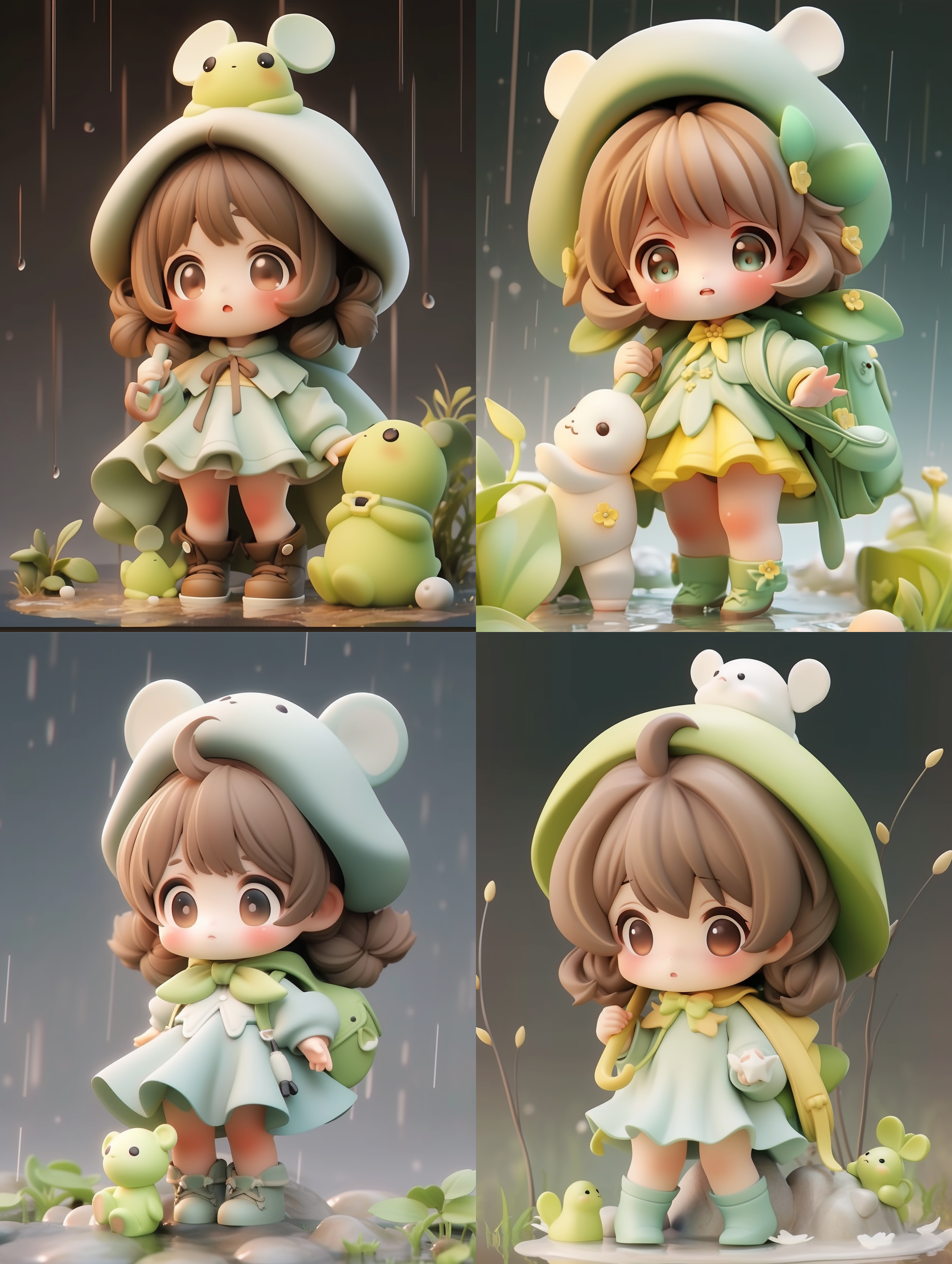 q版人物，super cute girl ip pop mart blind box，一个超级可爱的女生坐在池塘里玩耍，下雨天，打伞，可爱雨衣，棕色头发，胖胖的脸，大大的眼睛，小鼻子，白皙皮肤，丰富饰品，可爱的表情，夸张的姿势，绿色细节，小动物，森林背景，前视图，电影照明，明暗对比，3d，c4d，oc渲染，最高质量，8k