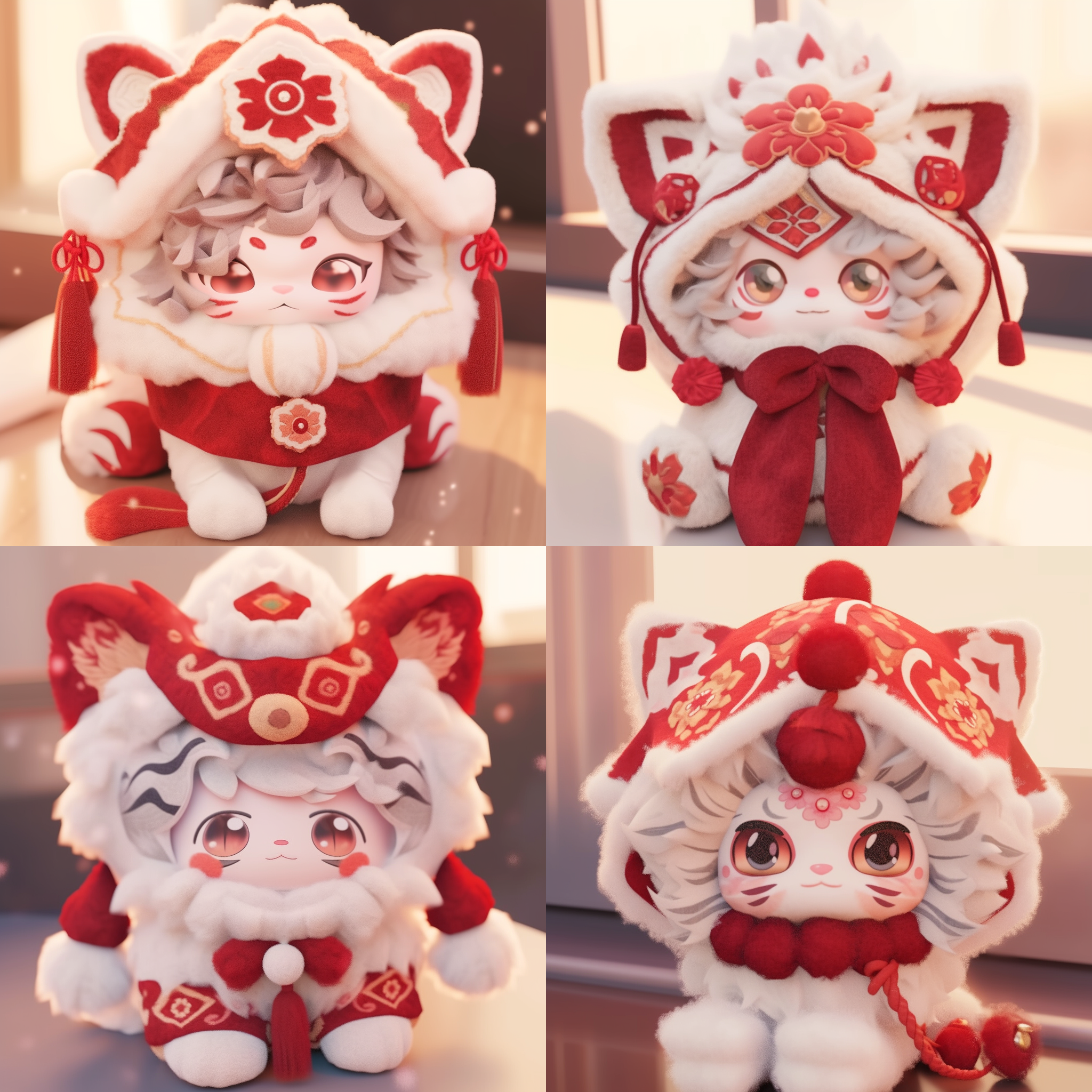 只有头套，小醒狮的毛绒头套，只露脸，下巴包裹住，头套是红色系的，有白色毛绒边点缀， 针织材质的花边领，边缘有红色点缀，毛绒材质，正面视图，中国风格，可爱，泡泡玛特