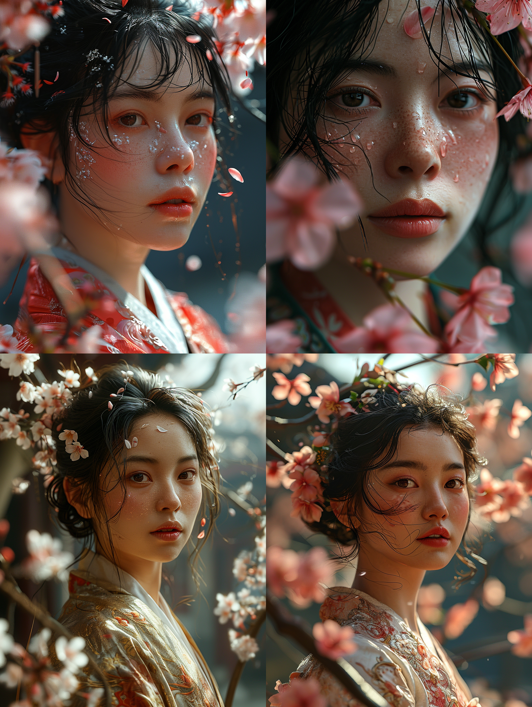 一位中国成年女性，被樱花绕着，花瓣纷飞，干净背景，底部透光，超级高分辨率，8k, 特写人脸，非常细致的眼睛和脸，细节照明，真实风格 