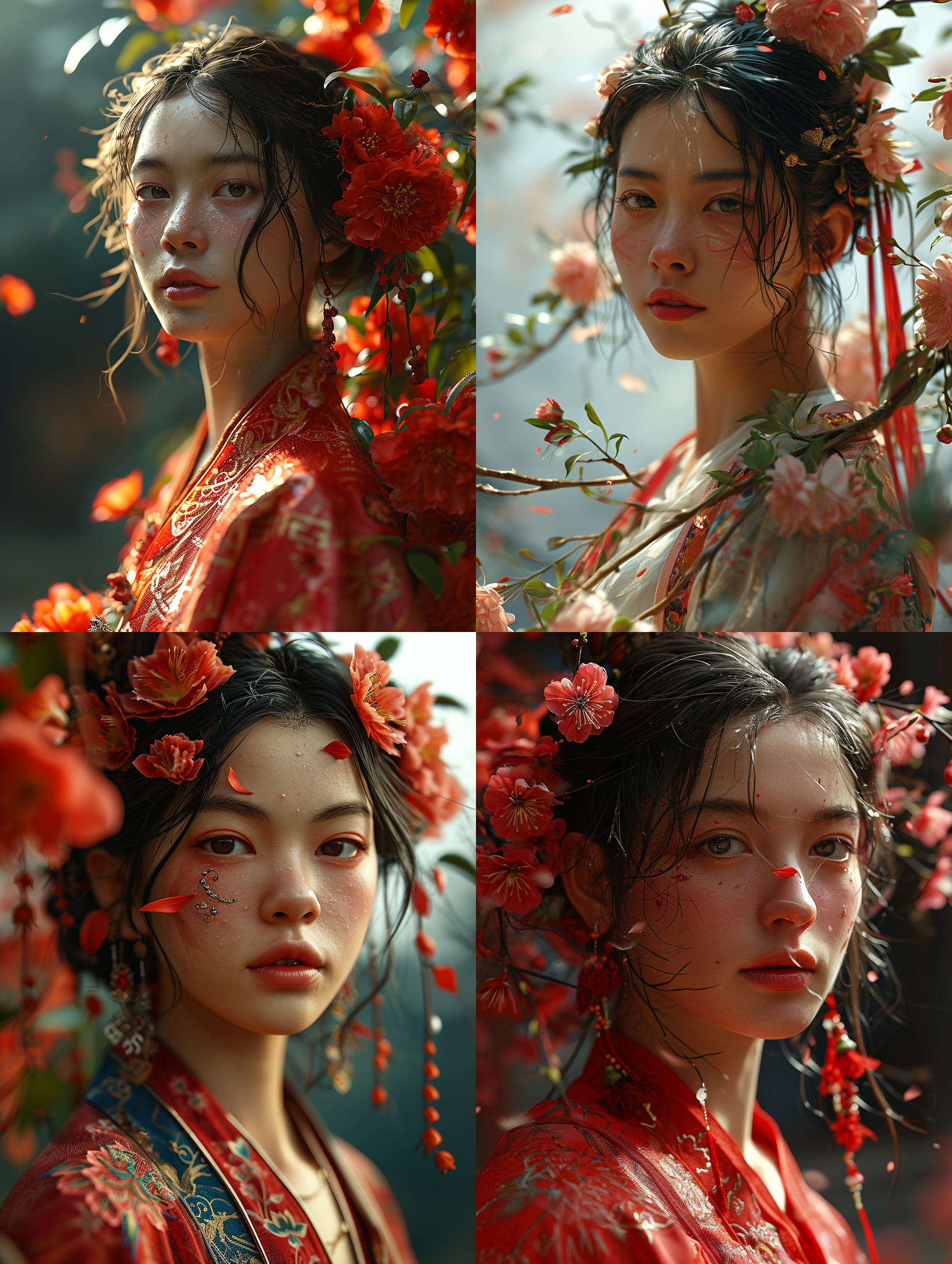 一位中国成年女性，被龙船花绕着，花瓣纷飞，干净背景，底部透光，超级高分辨率，8k, 特写人脸，非常细致的眼睛和脸，细节照明，真实风格 