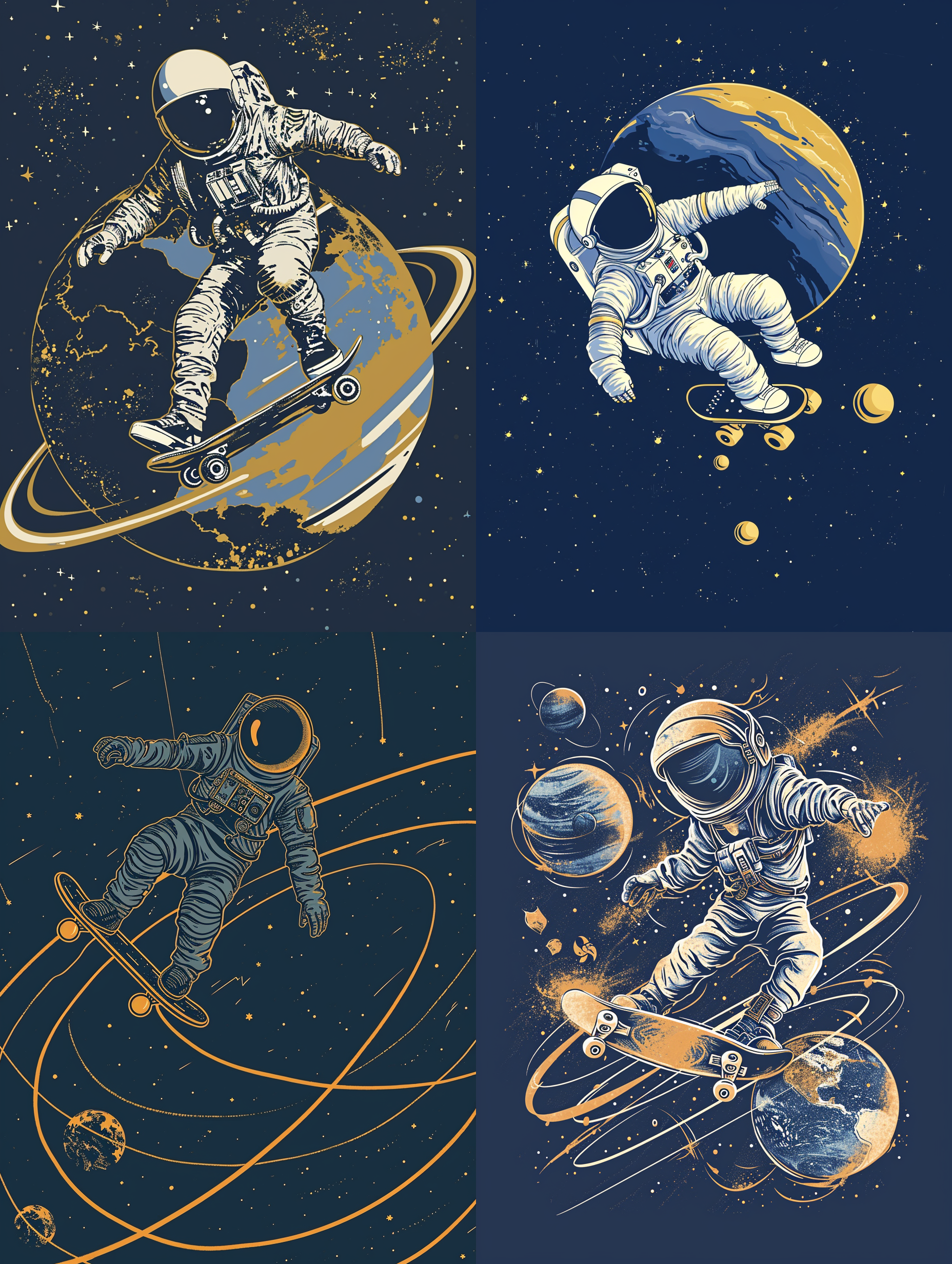 一名宇航员在外太空踩滑板，外太空的地球，浅海军蓝和金色色调，背景要干净，营造出深度和丰富感， 艺术品品质超高，细节复杂，描绘了浩瀚的太空、星空和未来主义风格， 该场景从远处捕捉风景，展示了宇航员穿越迷人宇宙奇观的壮丽旅程。 图像以极高的分辨率渲染，让每一个细节都能获得身临其境的体验,