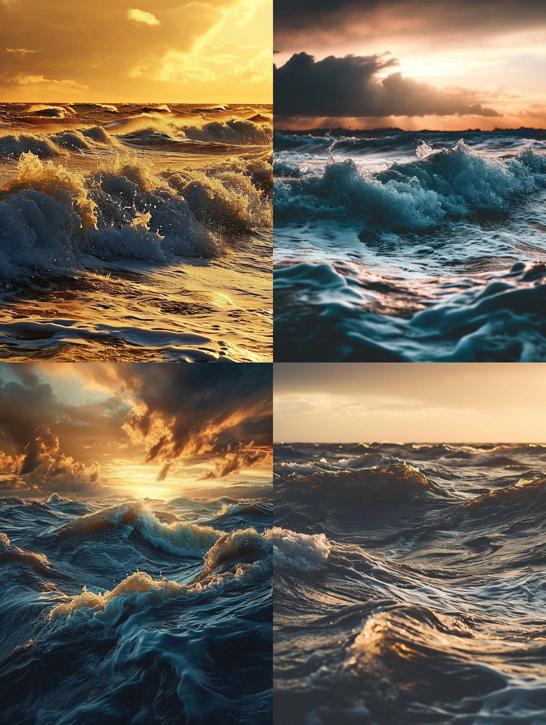 sunset, sea, golden tones, clouds floating, backlight shooting, lens perspective, choppy waters, gradient tones, serenity, romance, magnificence.
