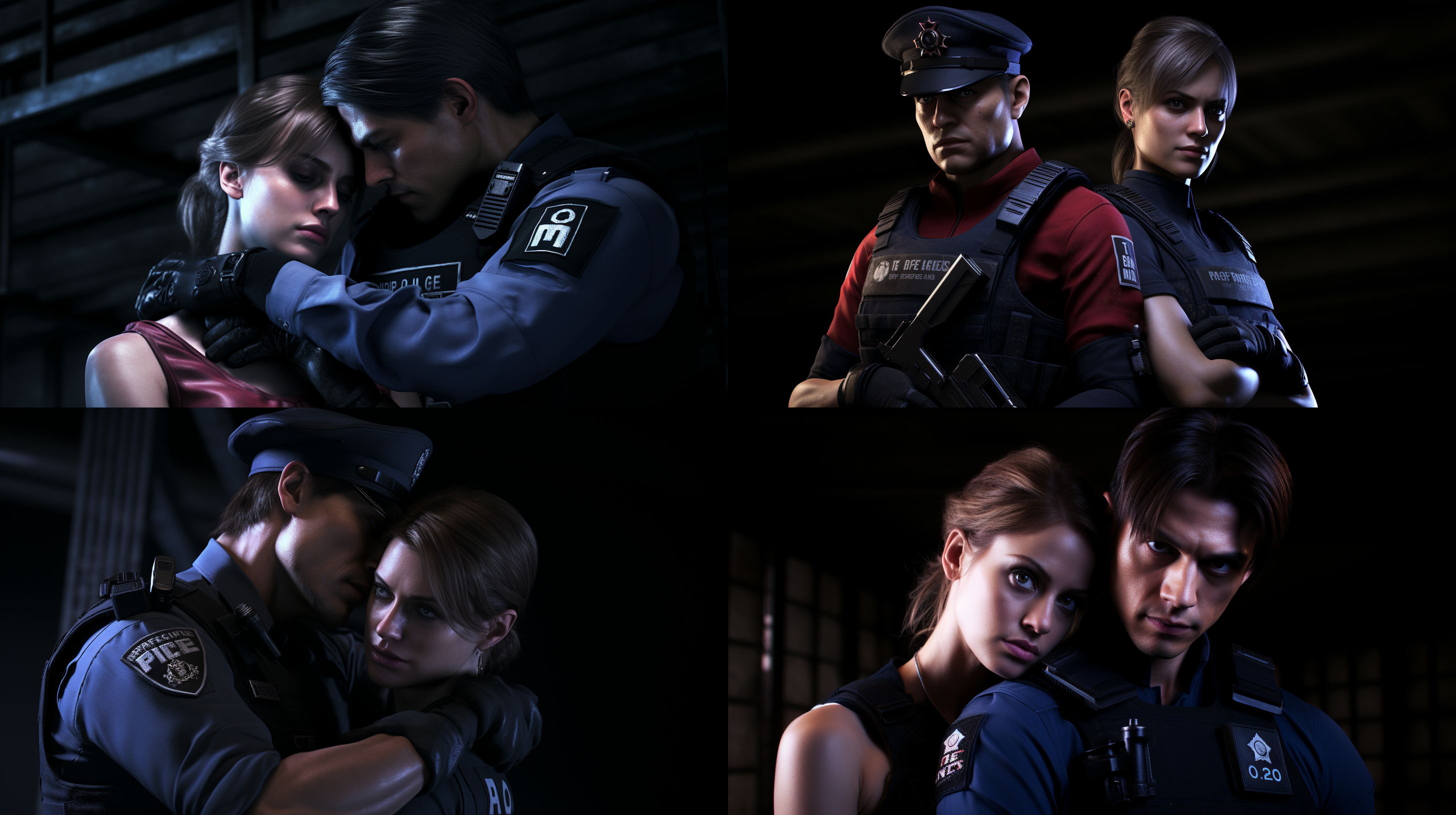 jill, the female police officer from raccoon city police department in resident evil, falls in love with the newly appointed male officer, leon. together, they defend against the zombie attacks at the police station.