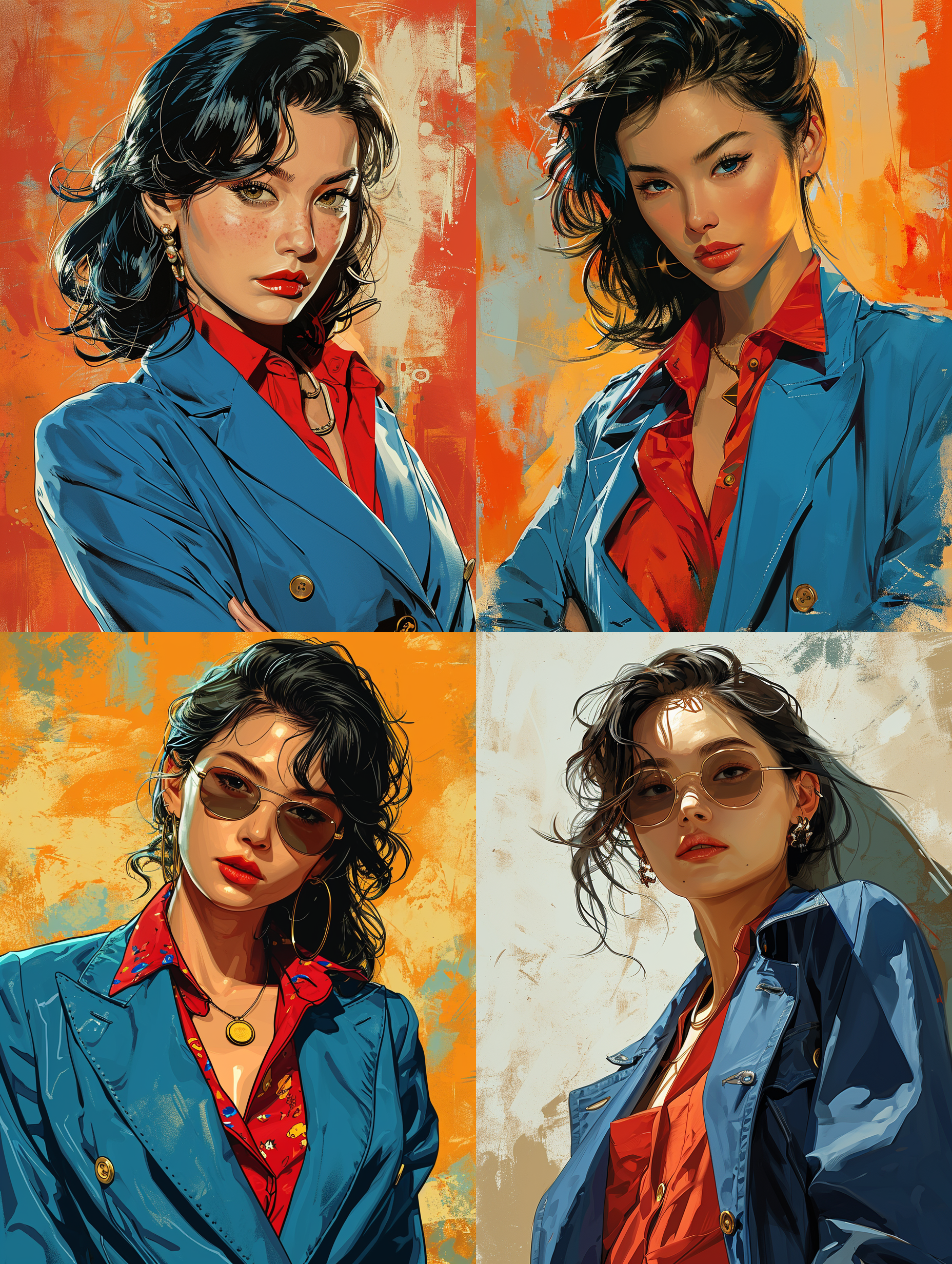 中国成年女性，美女，身穿蓝色西装外套，红色衬衫，粗线条，1980s,，美式漫画风格，8k，高品质