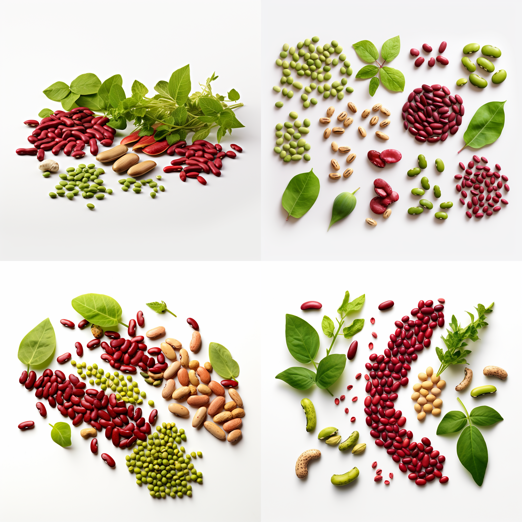 20粒红色花生米，30粒黄豆，50粒绿豆，30粒小红豆混合在一起，随机散落，高清，中幅相机，白色背景，4k，超写实，有几片绿色叶子