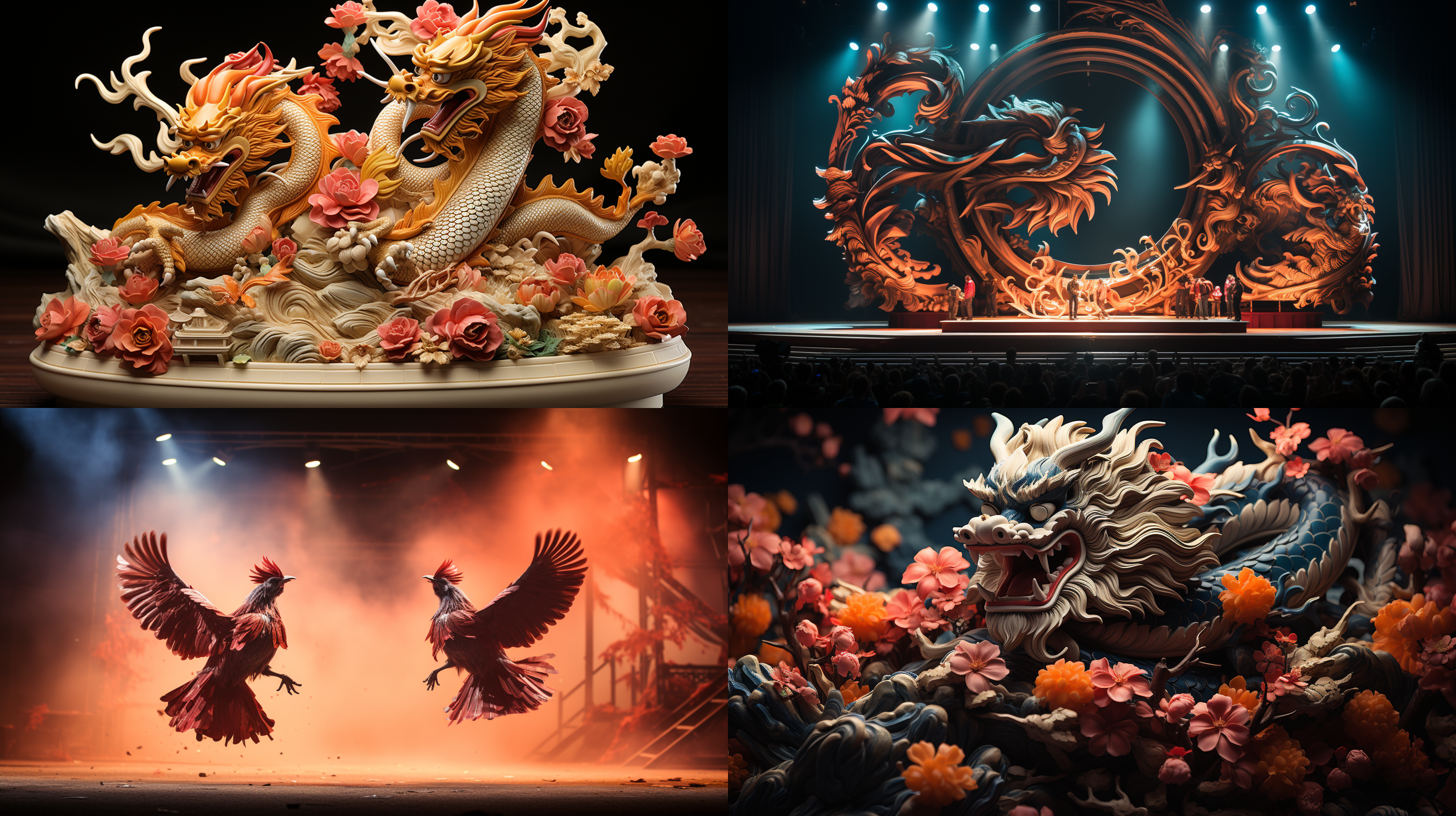 一对金色的中国龙和在喜庆的中国春节舞台上腾飞展翅，龙凤呈祥，舞台炫现夺目，中国元素，中国传统元素的现代舞台设计，整体红色调，充满了强烈的民族色彩和节日喜庆的气氛，顶级画质和艺术感 色彩饱和和层次丰富，8k顶级画质，超写实摄影，七彩炫光的水晶玻璃舞台，倒景，