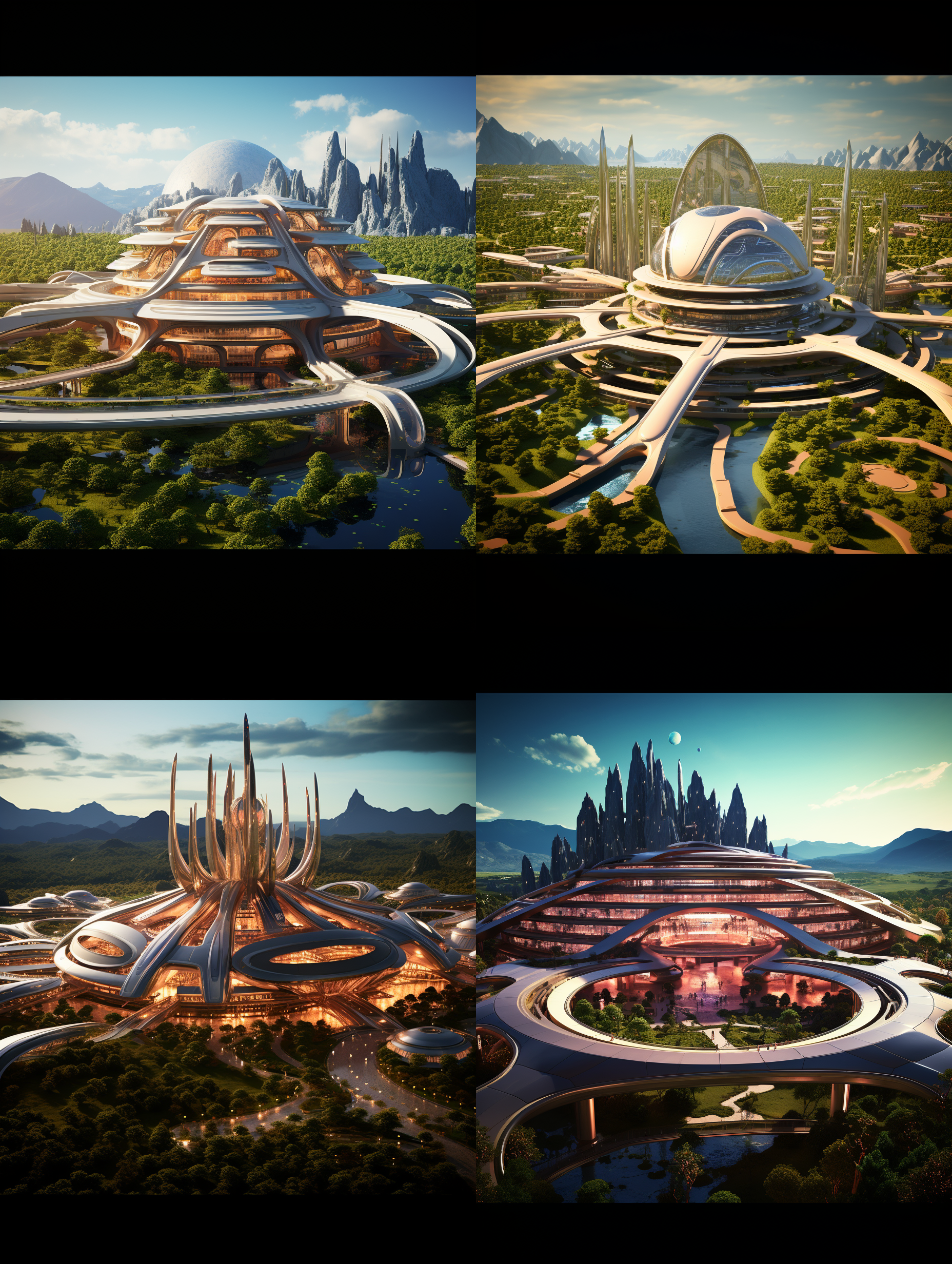 以参考图片的场景状态为标准，生成一个夕阳晚霞下的超级科幻超大规模的城市主题公园的航拍全景，高空航拍远镜头，场面规模宏大，壮观，充满突科幻感的主题雕塑，各种儿童游乐设施，儿童梦幻城堡，代充满未来科技感的科技馆建筑，迪斯尼风格的设施和建筑，大片的多彩景观绿化和景观绿植，体现生态环保的理念，具有顶级的画质和艺术美感，建筑具有未来感和高科技之感，色彩层次丰富，细节丰富逼真，超写实，8k 超高清晰度 