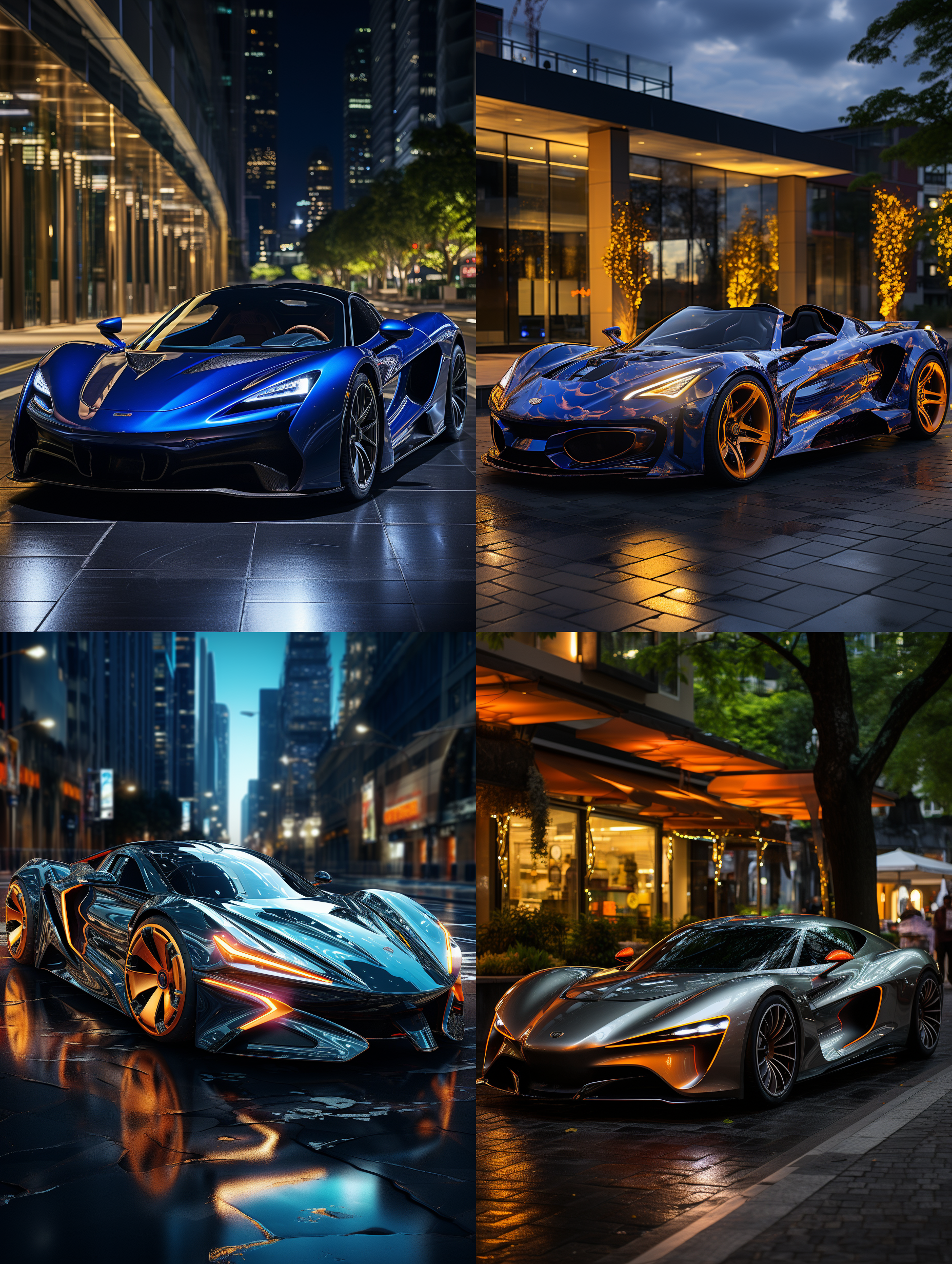 在一片晚霞的cbd商务中心公园广场停放一辆顶级的电动豪华跑车，蓝色车漆，很有未来感和科技感，跑车的前卫设计，顶级专业的摄影效果，8k的超高清画质，大文件 