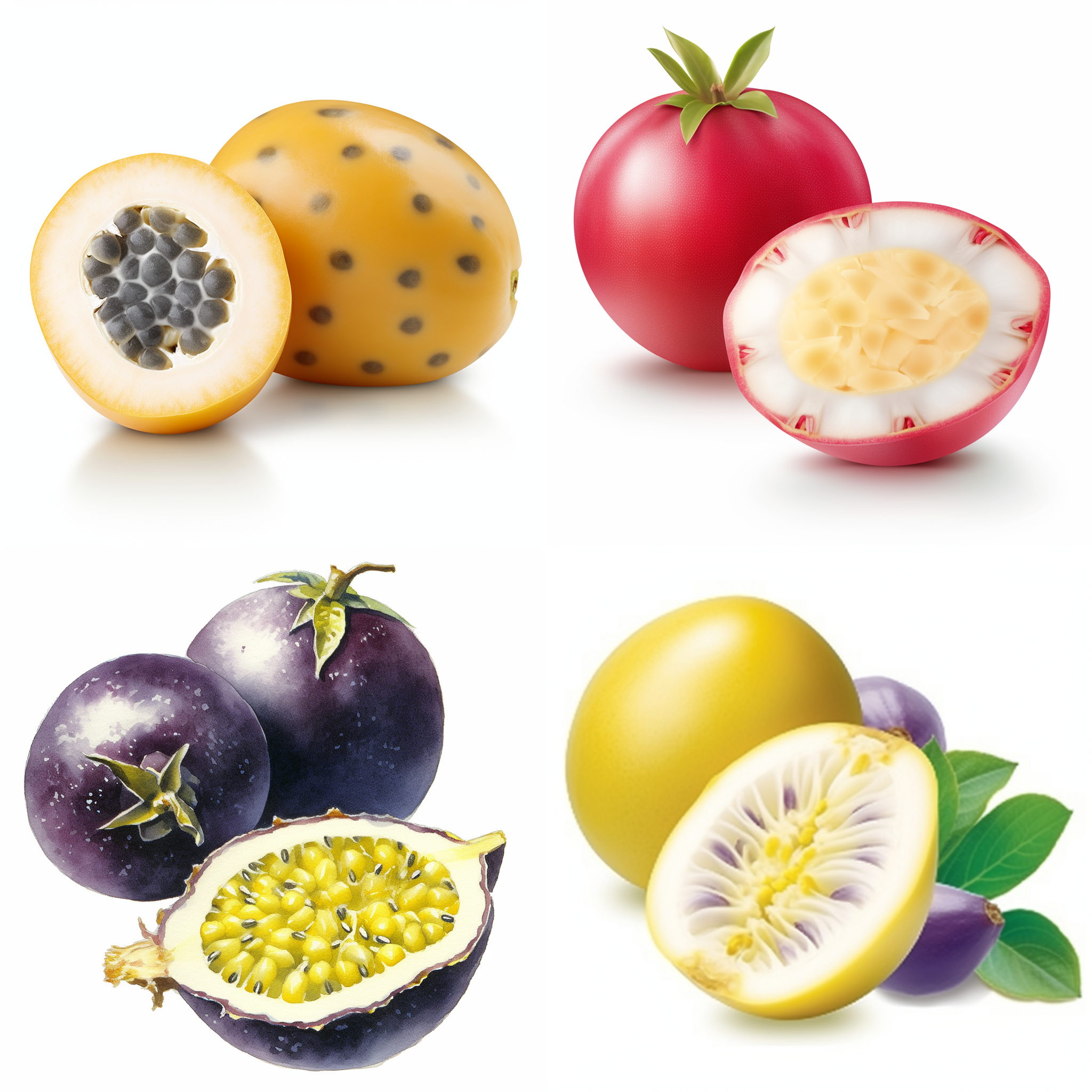 在这幅插画中，百香果和凤梨的口味交织在一起，形成了一幅令人垂涎欲滴的画面。百香果的酸甜与凤梨的清爽相互融合，如同一道美味的口感，让人忍不住想要品尝。画面中的百香果和凤梨，色彩鲜艳而诱人，仿佛在向人们展示着它们独特的风味和魅力。整幅插画透露一种清新、活力和美好的氛围，让人心生向往和愉悦。