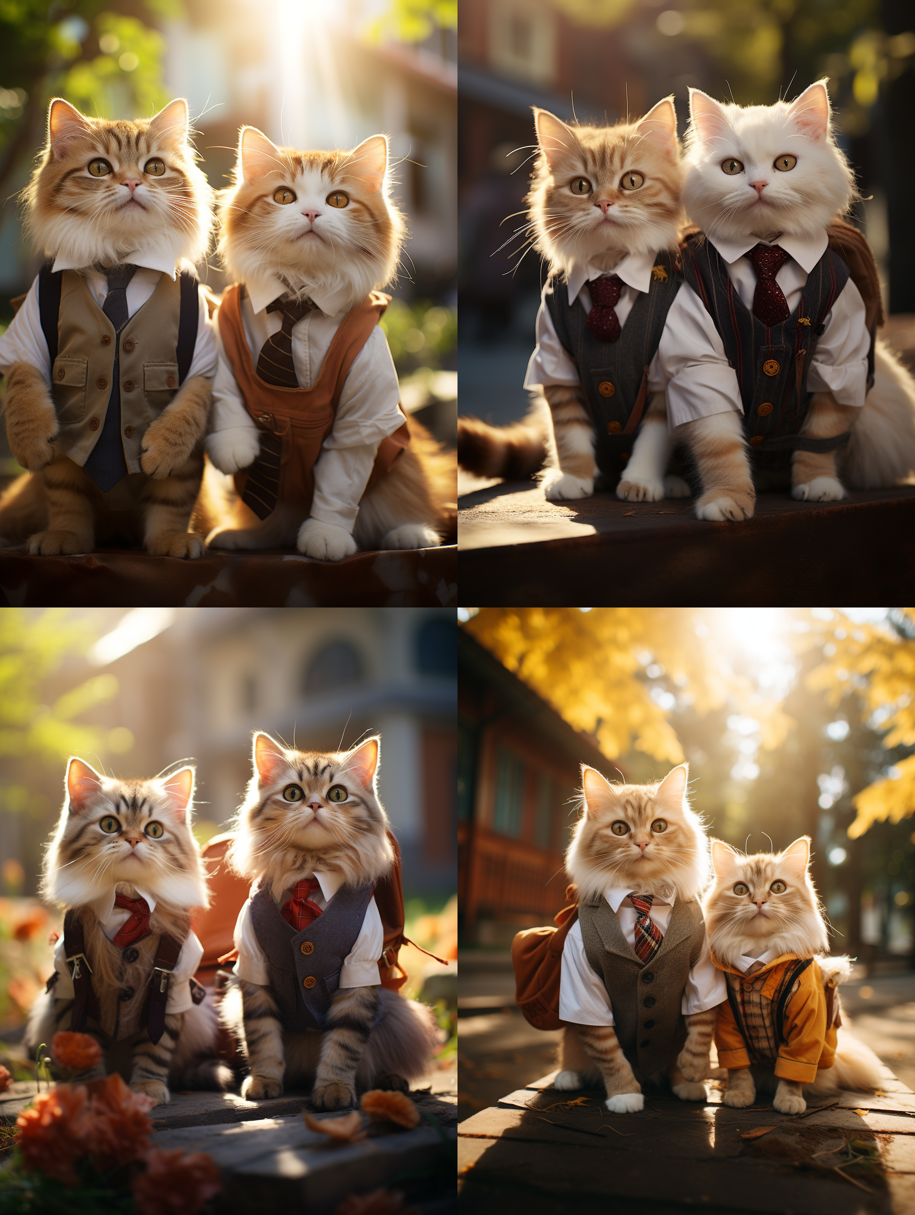 两只猫咪身穿中式校服，拟人化，情侣样貌，微笑，背包，相互挽着胳膊，背景为学校。阳光洒落在他们身上，创造出温暖的氛围。使用电影镜头构图，明亮的光线增强画面效果。 