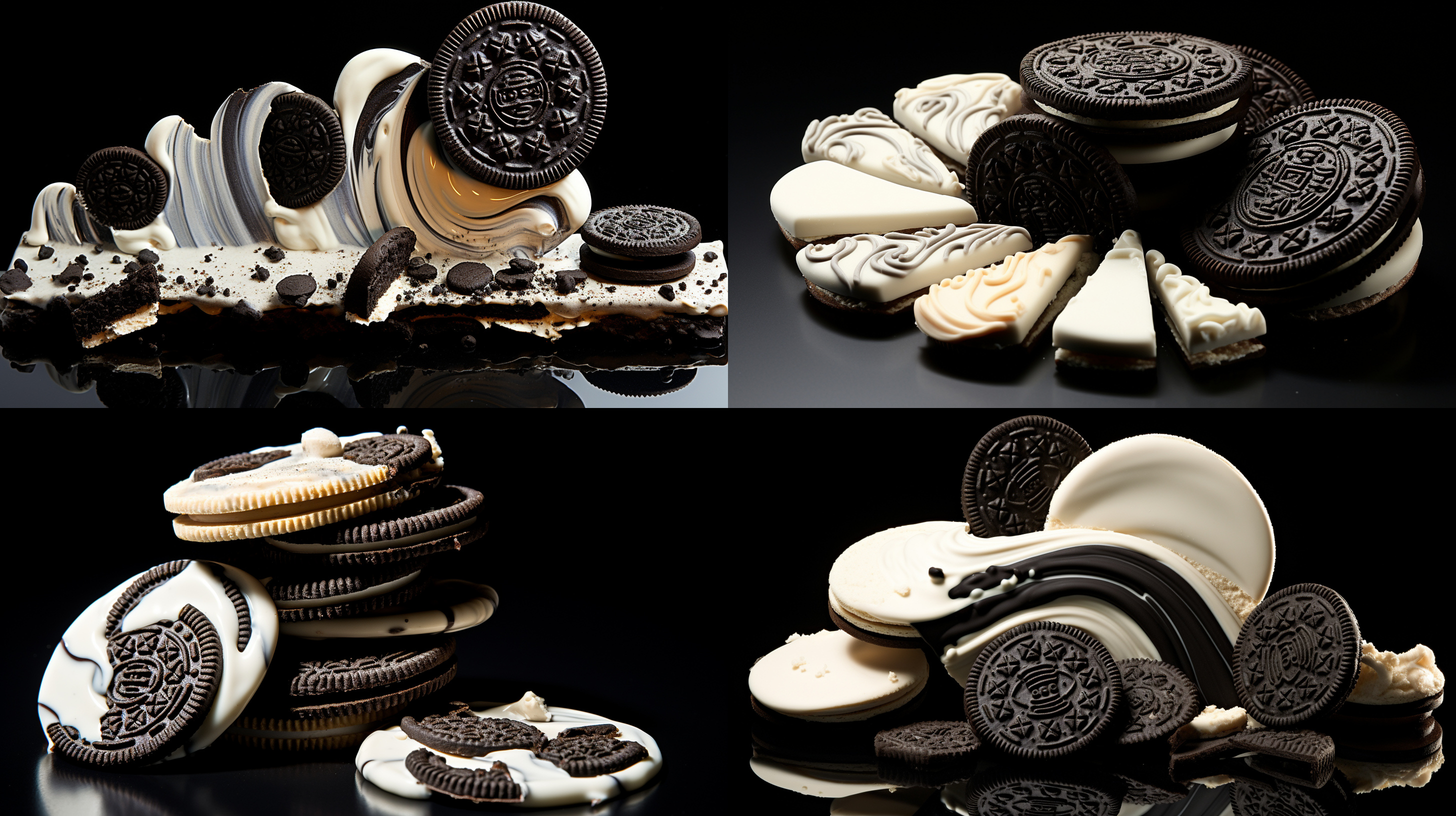 克里斯的奥利奥白巧克力奥利奥艺术，以阿拉斯泰尔 · 马格纳多的风格，解构主义，胜利丰富，强烈的明暗对比，爱德华 · 波因特，比赛获胜者，幽默但黑暗——阿尔128:1172奥利奥饼干夹巧克力片，咬一口,超现实主义元素的风格，旋转，强烈的对角线，约翰 · 威廉，暗银色，纳乔 · 卡伯内尔，生动的场景——阿尔128:1173“一个奥利奥饼干坐在彼此之上，超现实主义元素的风格，强烈的对角线，旋转，详细，拼贴式，深棕色,标签样的标记—— ar 128:1174 something 奥利奥饼干配巧克力片和巧克力，风格具有侵略性的数字插图，鲜明的黑色和白色，跳跃式剪裁，洛可可风格静物，旋转，强烈的对角线，iso 200-ar 128:117