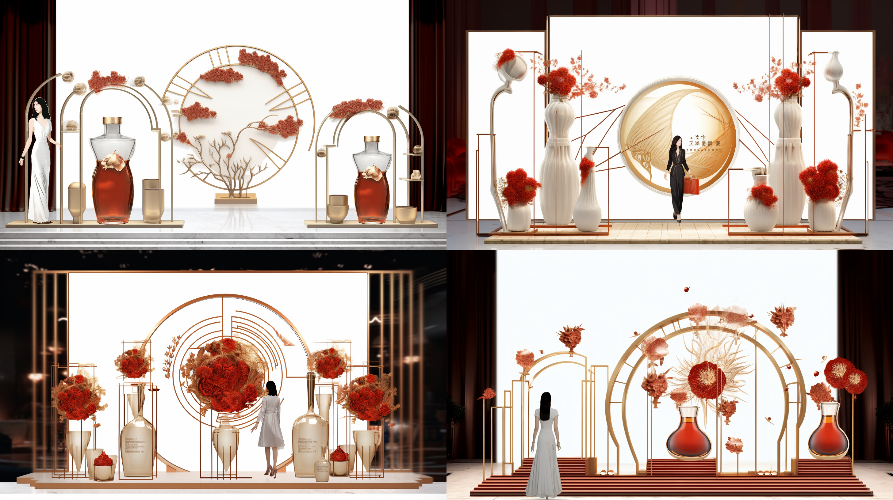 屏风设计 结合人头马展示 婚庆道具 亚光金属质感 配合鲜花装饰 高级 有质感 温馨的婚庆场景 有视觉冲击力 洋气 大方 写实 佳能照片 川内伦子 柔光 中午时光 5星级酒店大堂内 真实 室内 高分辨率 高分辨率 写实 照片 真实 室内