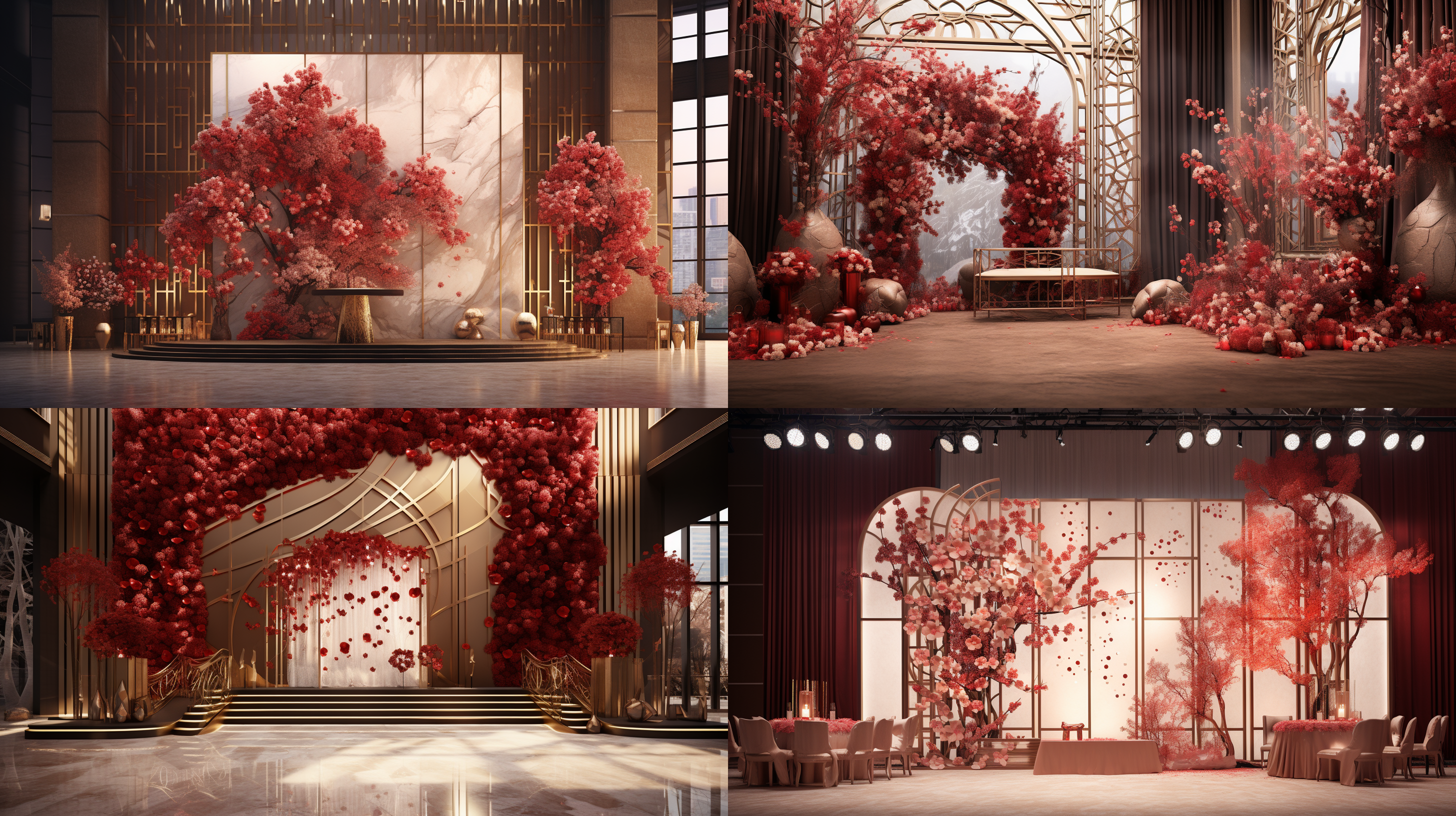 屏风设计 结合人头马展示 婚庆道具 亚光金属质感 配合鲜花装饰 高级 有质感 温馨的婚庆场景 有视觉冲击力 洋气 大方 写实 佳能照片 川内伦子 柔光 中午时光 5星级酒店大堂内 真实 室内 高分辨率 高分辨率 写实 照片 真实 室内