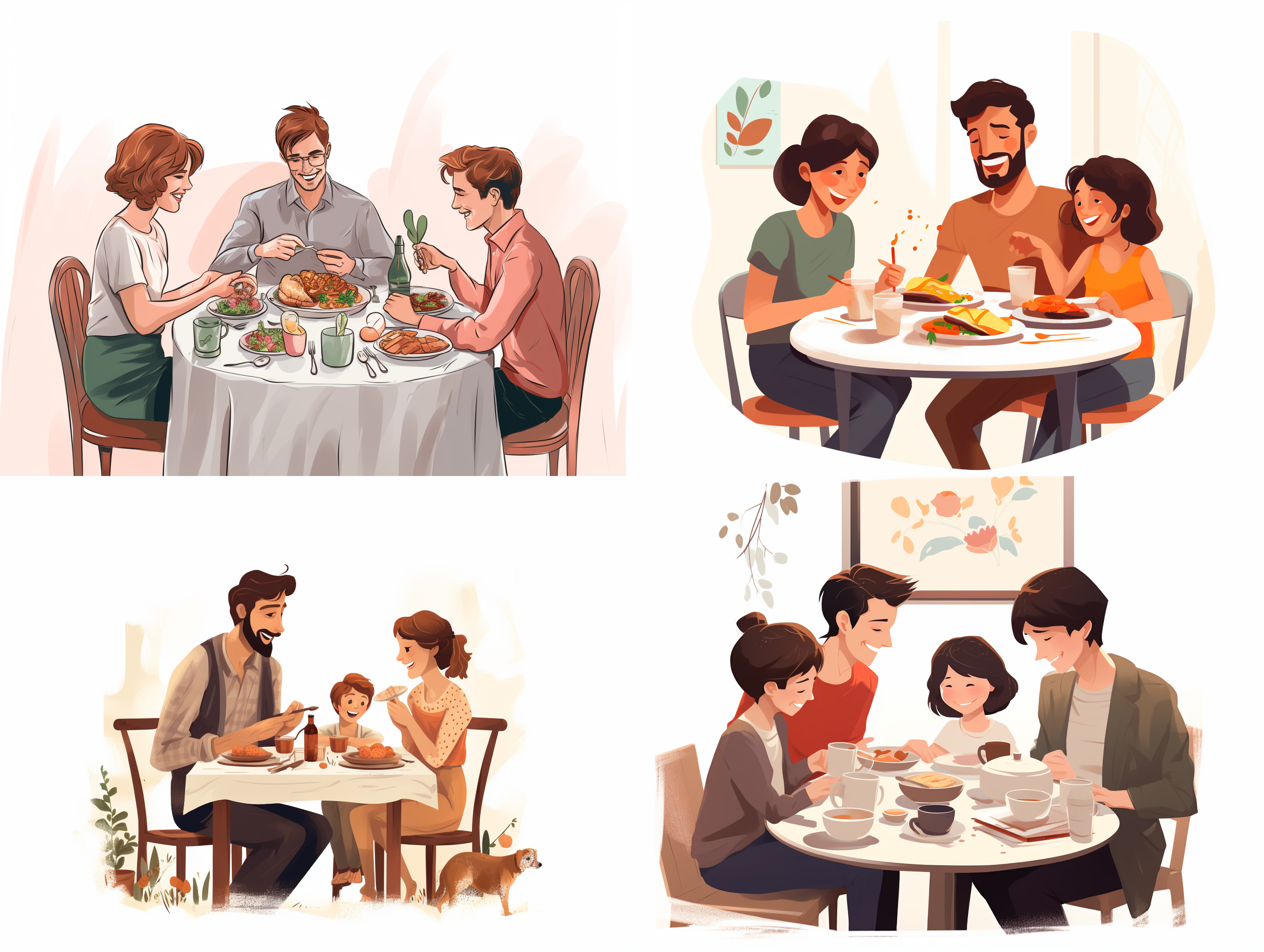 一家人开心的坐在一起吃饭，简单的配色，矢量简笔画，白色背景，等构。