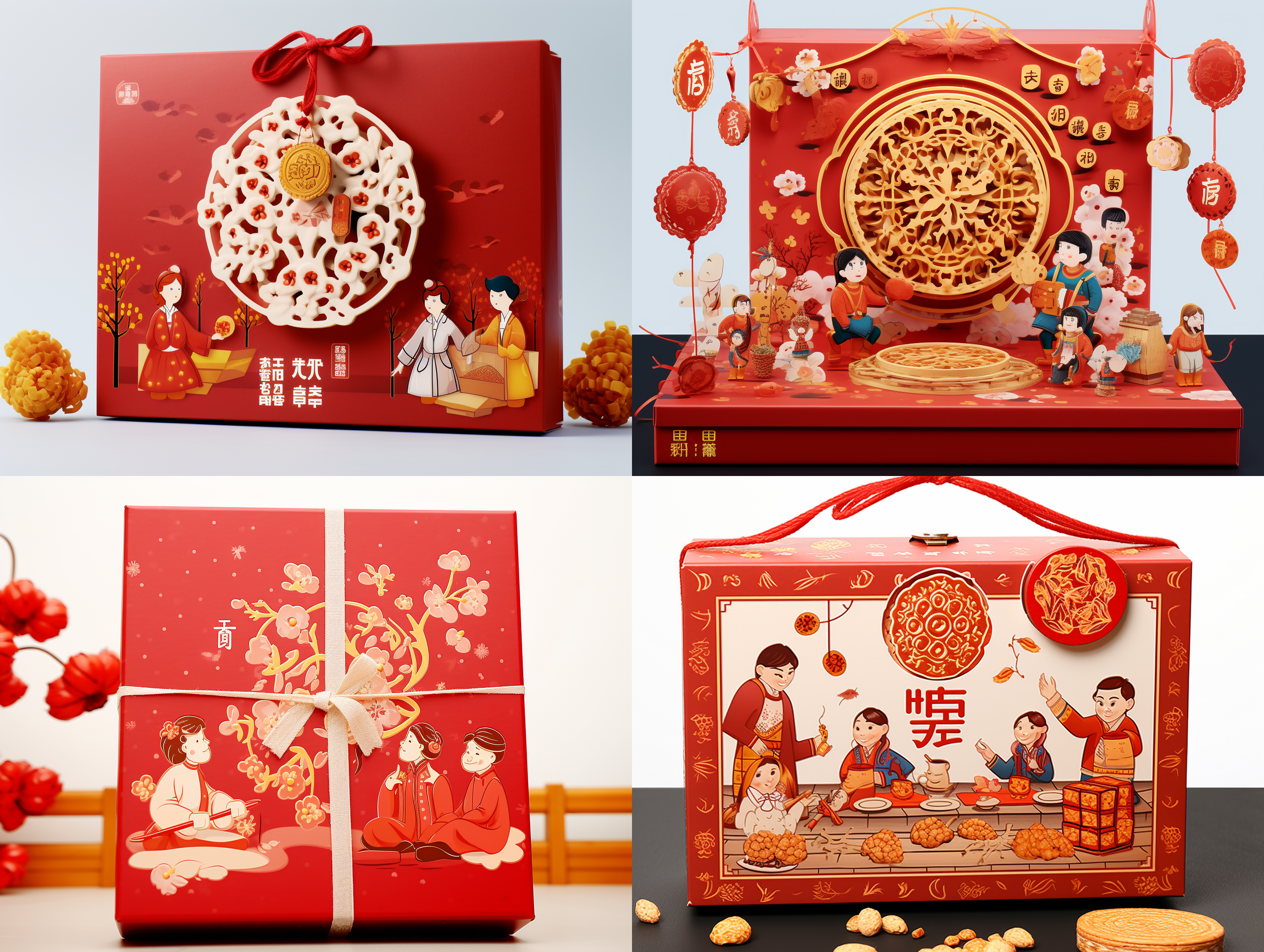 画一个坚果礼盒包装盒设计图，如参考图，有过年的喜庆，一家人团圆，有坚果特色