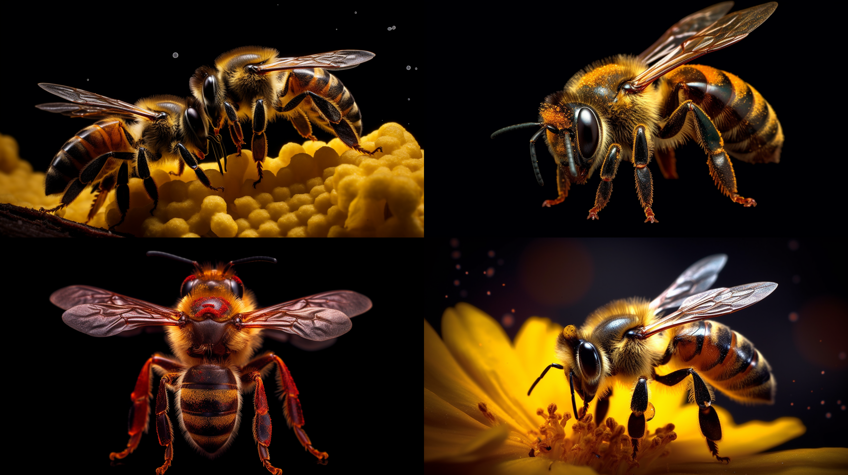 微距昆虫，黑背景，细节清晰，对称构图，浅景深，饱和度高，蜜蜂采蜜，花朵间，透视感，明亮光线，色彩丰富，生机勃勃，细腻纹理，神秘氛围。