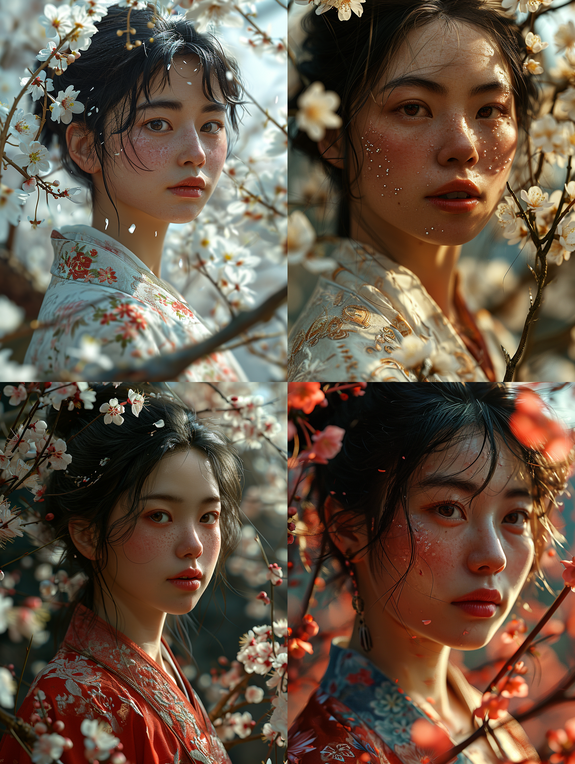 一位中国成年女性，被鸡蛋花绕着，花瓣纷飞，干净背景，底部透光，超级高分辨率，8k, 特写人脸，非常细致的眼睛和脸，细节照明，真实风格 