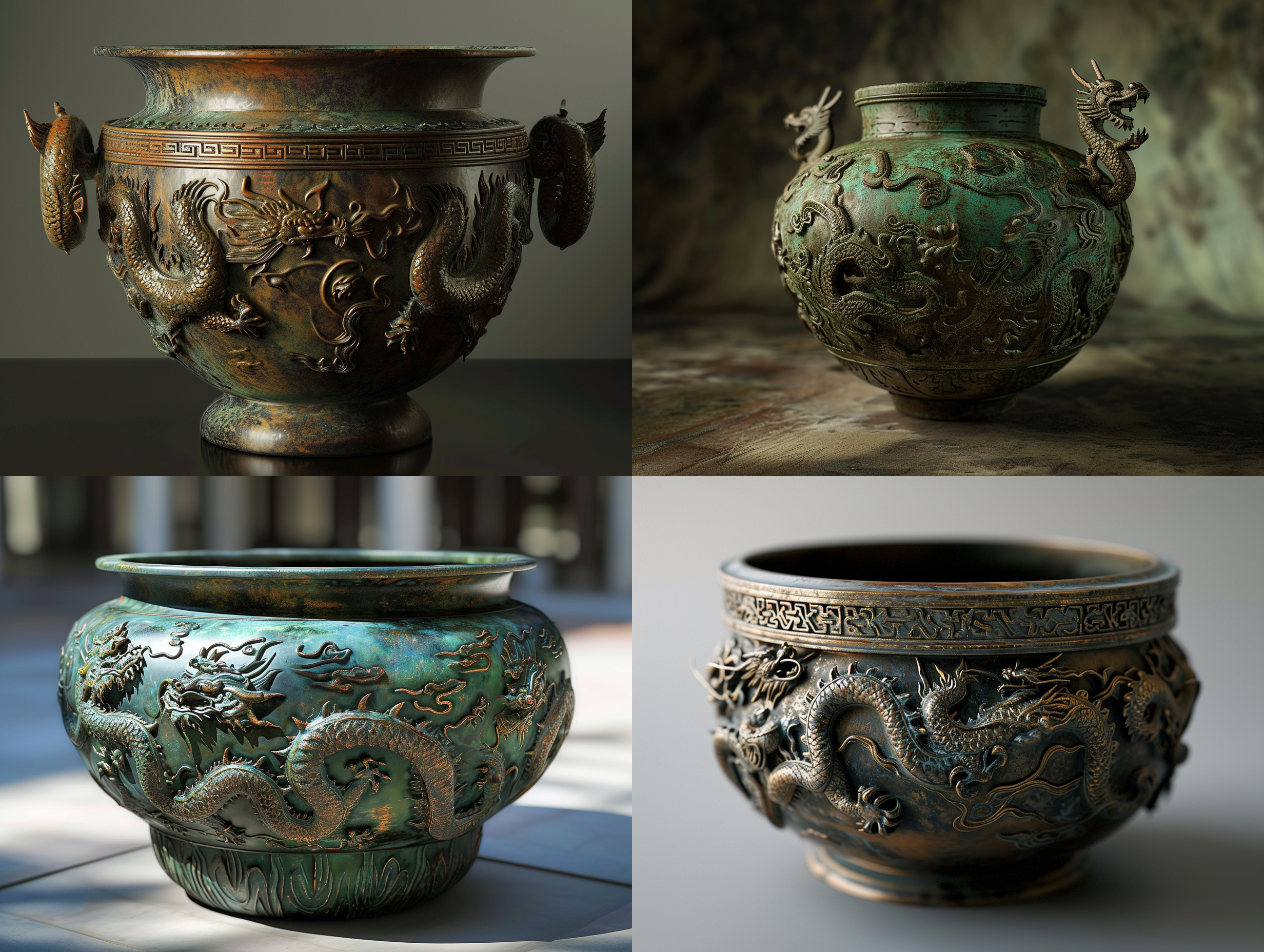 bronze, wine vessel, coiling dragons pattern, antique, han dynasty, super soft light, ultra detailed, photorealistic, 8k