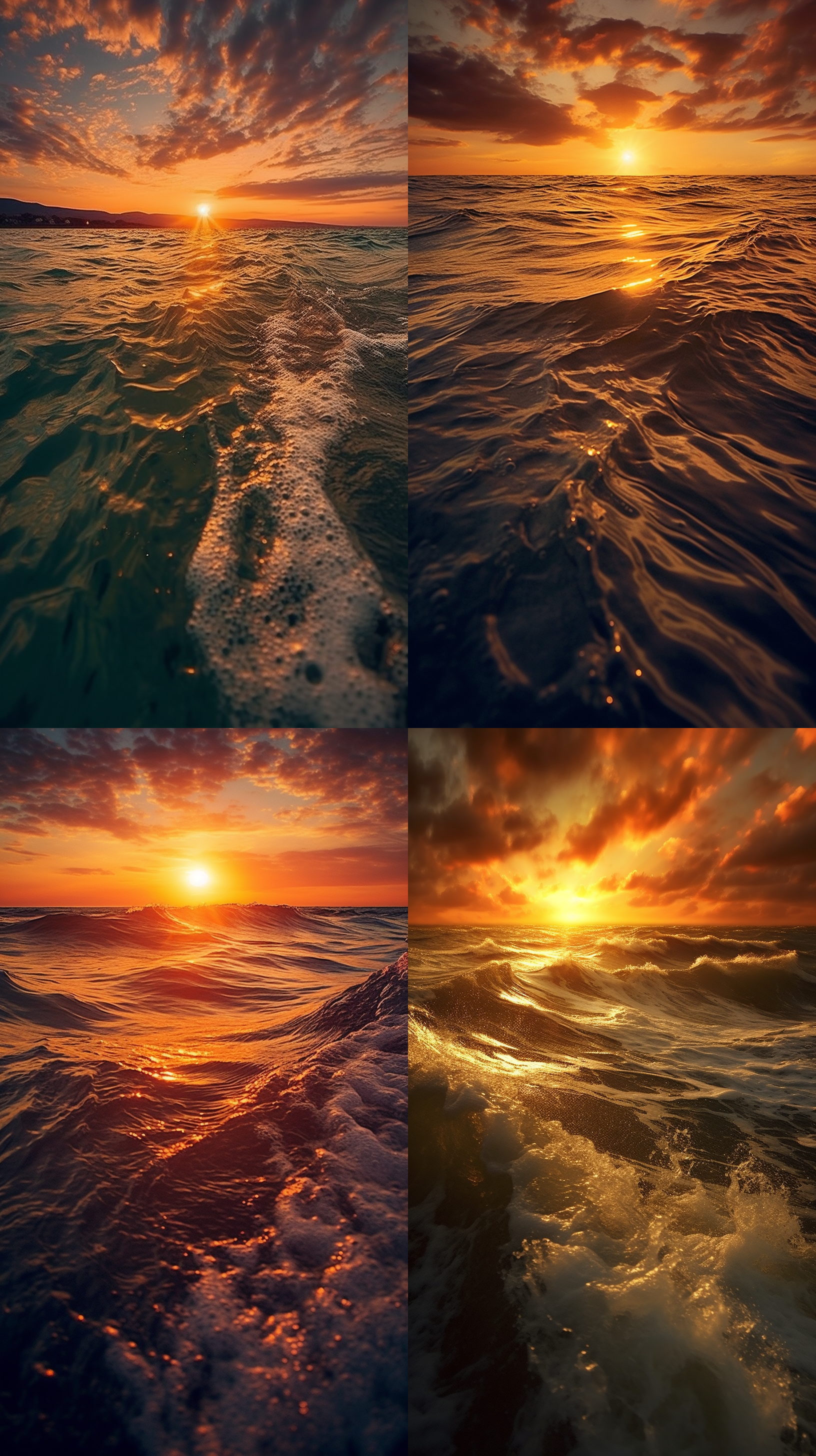 sunset, sea, golden tones, clouds floating, backlight shooting, lens perspective, choppy waters, gradient tones, serenity, romance, magnificence. 