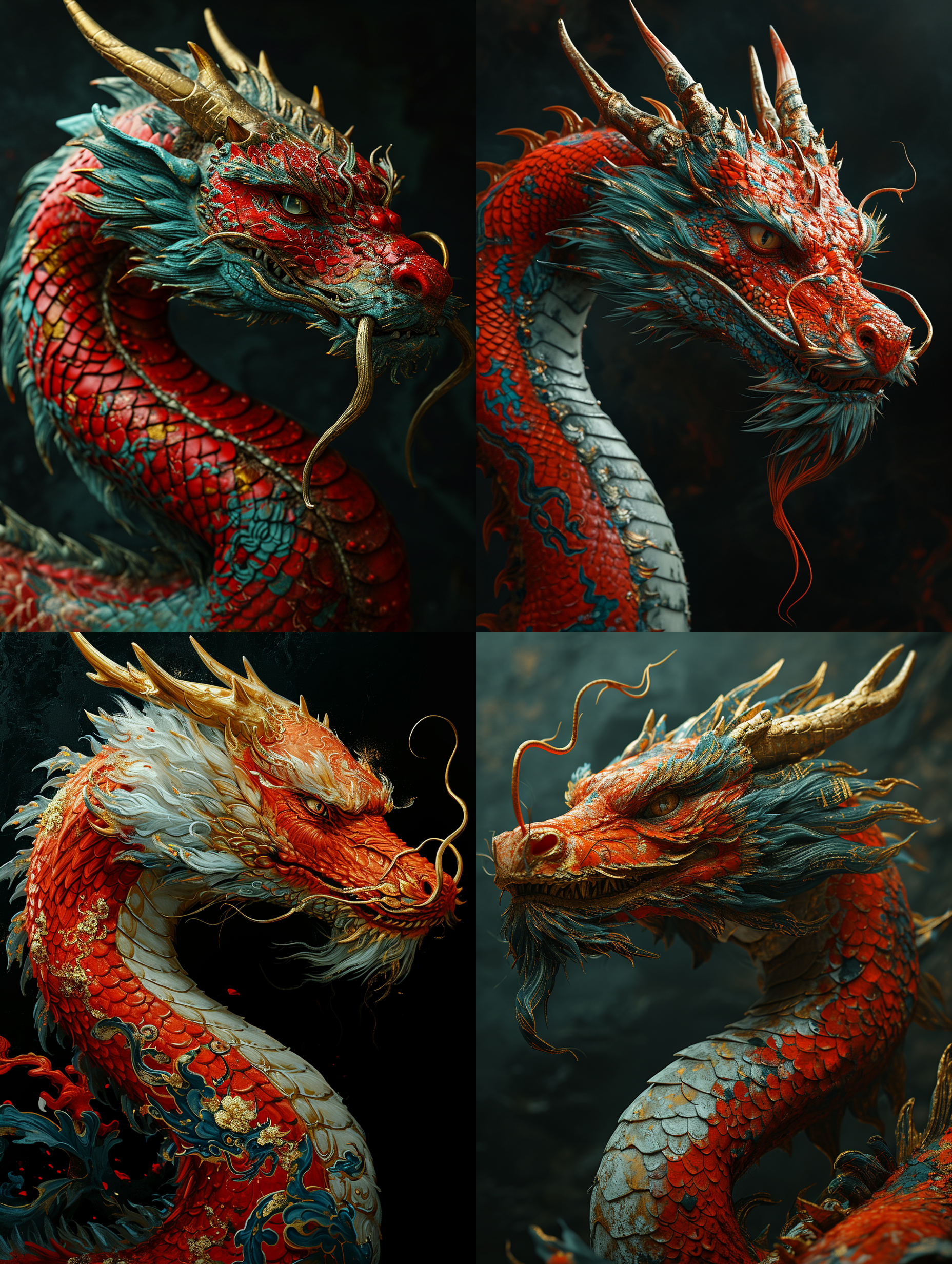 纯黑背景，一条红色的东方龙，龙身带着花纹，龙角为金黄色，使用数字图像处理风格，灰白色和翠绿色，高 画质，by caras ionut。 