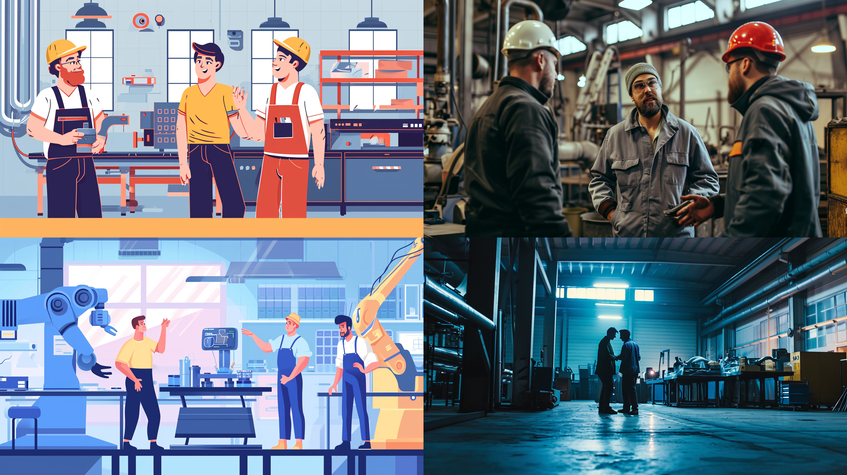 一个车间工厂里，三个生产工人在聊天