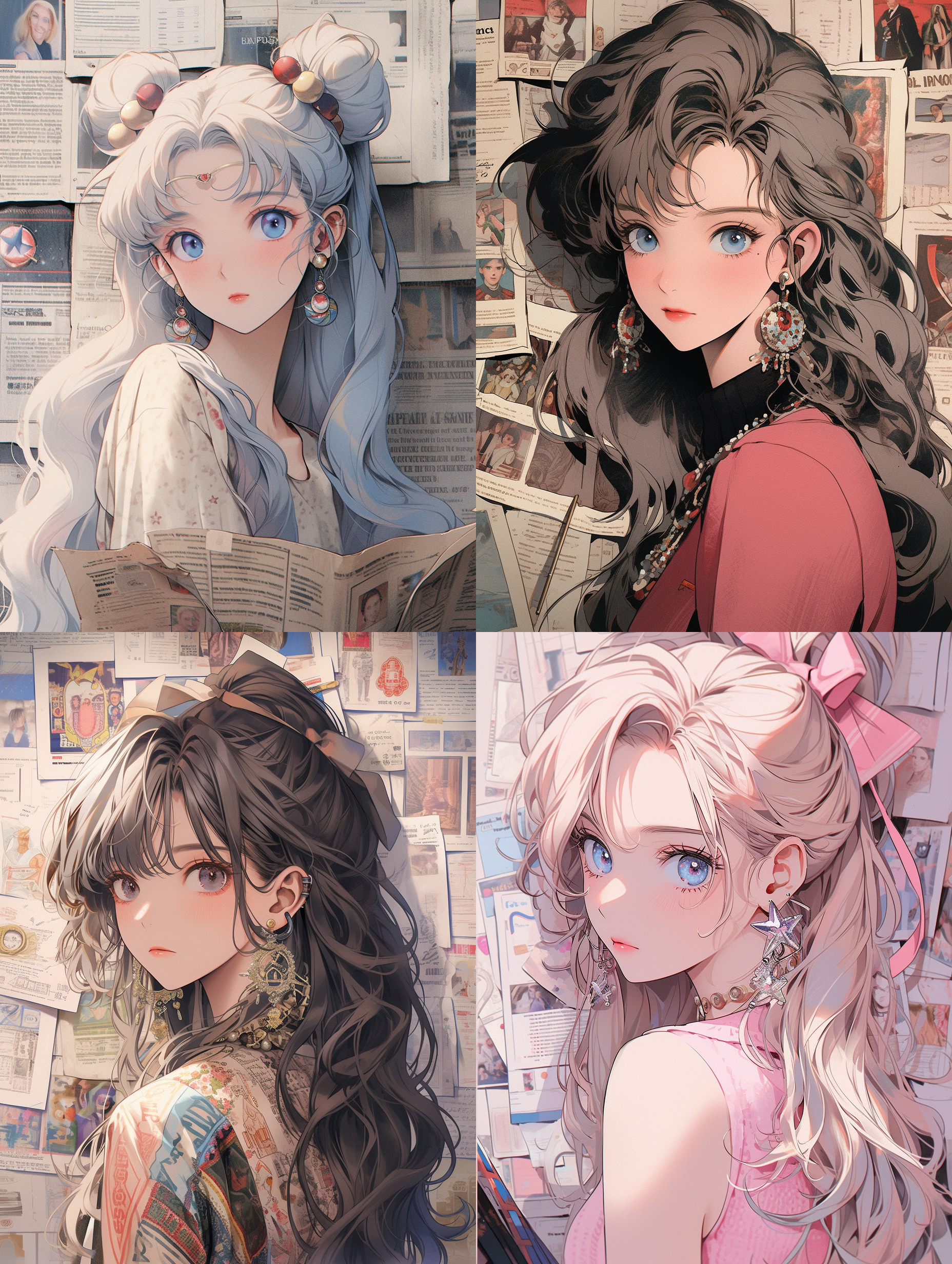 一个漂亮的动漫女孩，以怀旧报纸墙为背景，花哨的宝石耳环，精致的眼睛，美丽的脸，渐变头发，星星发饰，淡淡的腮红，宫崎骏风格，梦幻的写实主义，细节，肖像，乐观的，莫兰迪的配色，32k
