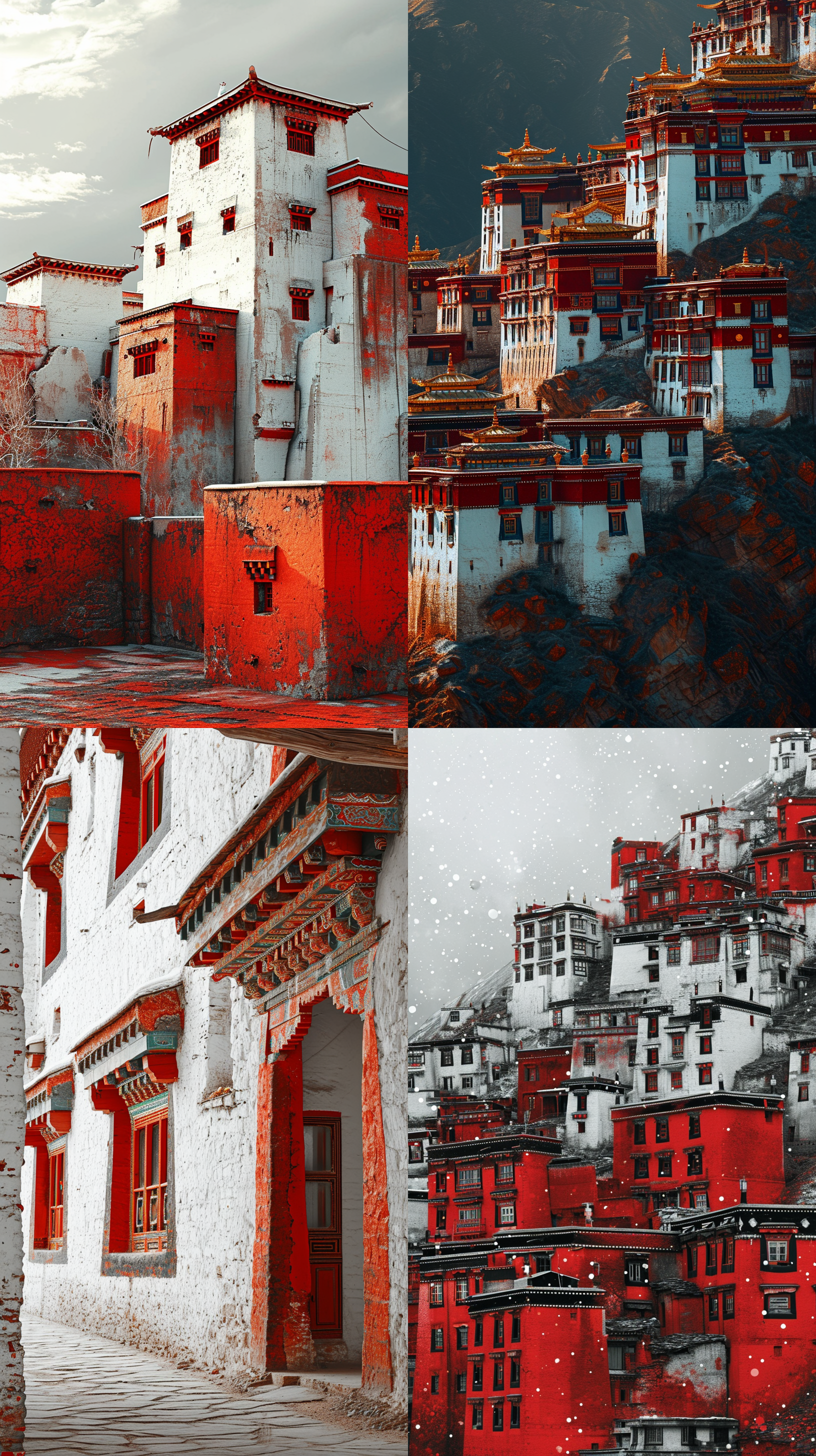 a shot of the tibetan fortress, in the style of abstracted architecture, white and red, pointillist optical mixing, ingrid baars, 32k uhd, visual harmony, serge marshennikov