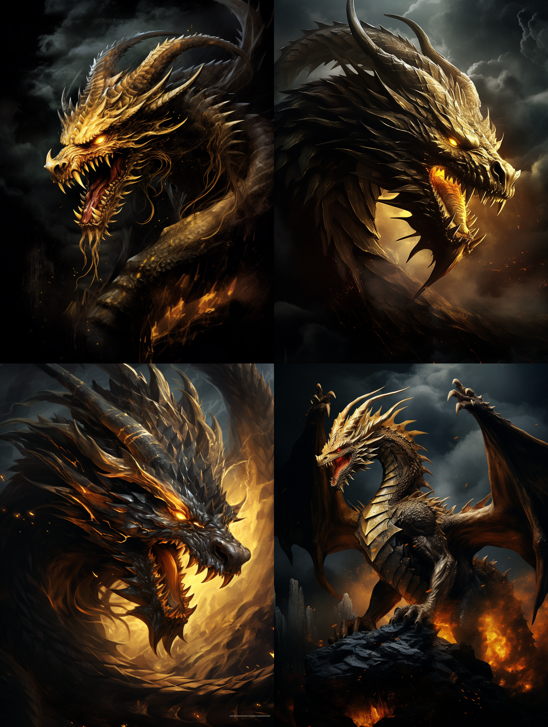 一条金黄色的金龙，龙的细节很丰富，张牙舞爪，很有动感，在漆黑的天空中翻滚，