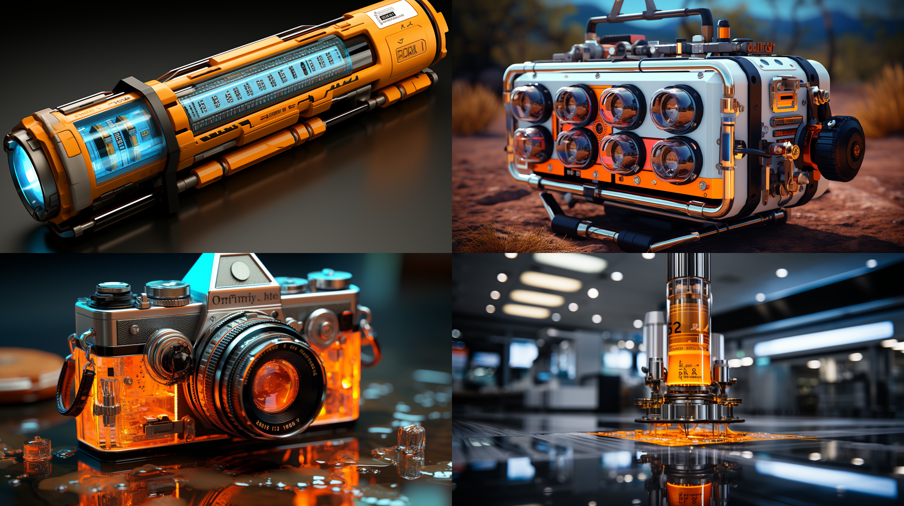 玻璃外壳的仪器，方形，里面是一支玻璃试管，试管里充满污水，有一个小型的微距摄像头对着试管，后面有灯光照明，科技风格，透视构图，清晰细节，污染警示，金属风格，科技效果。 