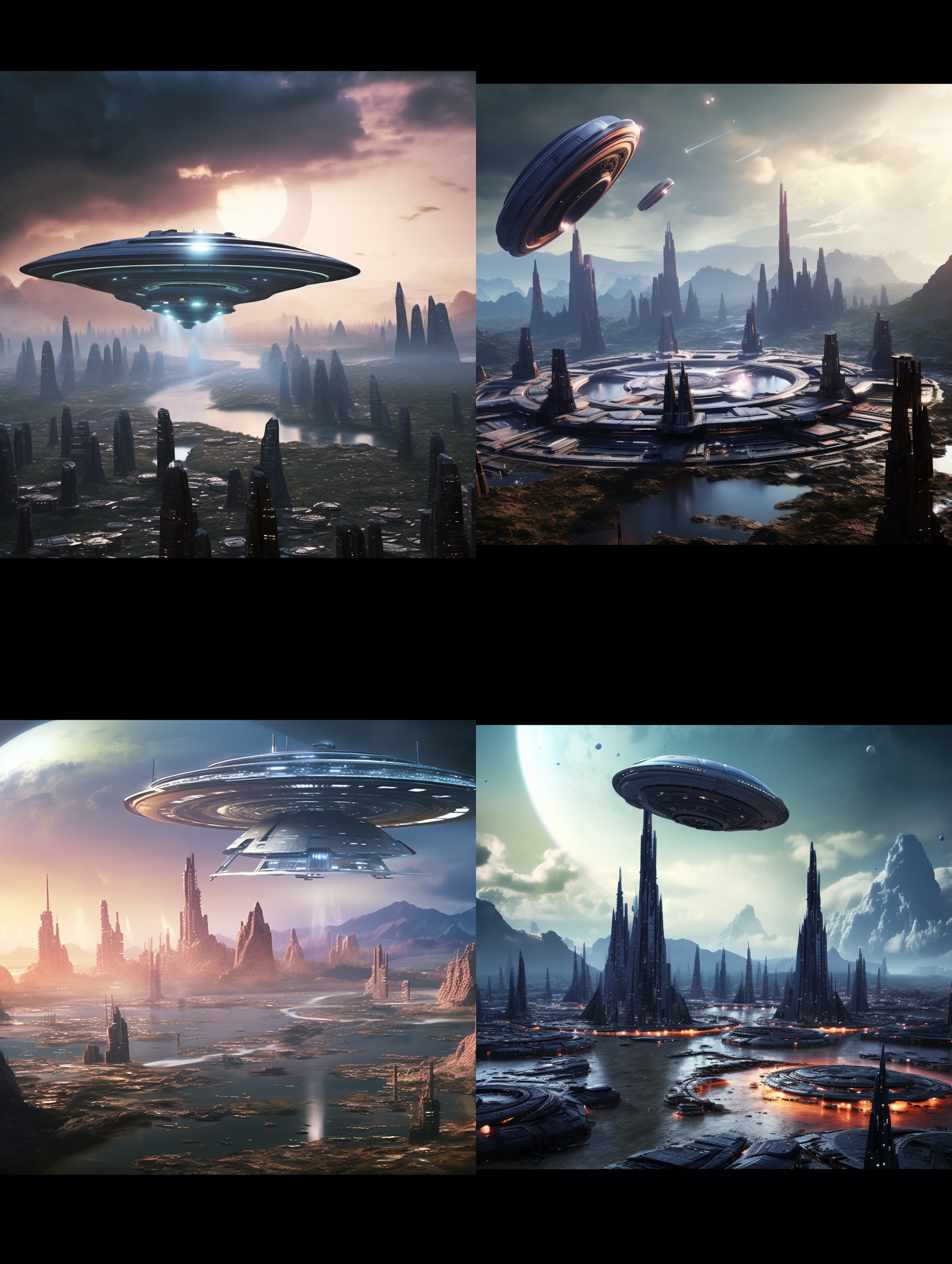 一片类似丹霞高原地貌的火星山脉群中央的一片平原地，群山的远山是规模宏大的超级城市的摩天楼和飘行飞船，一架超大型飞船伸出起落架准备降落，远处天际是巨大的星球在天上悬停，巨大的土星环互环绕着星球，七彩的天女座星云闪光着巨大的光辉，火星平原的科学实验基地建筑分布座落在降落区周边，场景超级壮观，宏大，视觉震憾，整个画面体现了未来的科技之发达，科技美学，彩色层次丰富，细节层次丰富，强烈的空间感，顶级的画质和画面美感，构图有创新，画面中要体现中国的元素，中国航天的标志，8k超高清晰度 ，大文件 