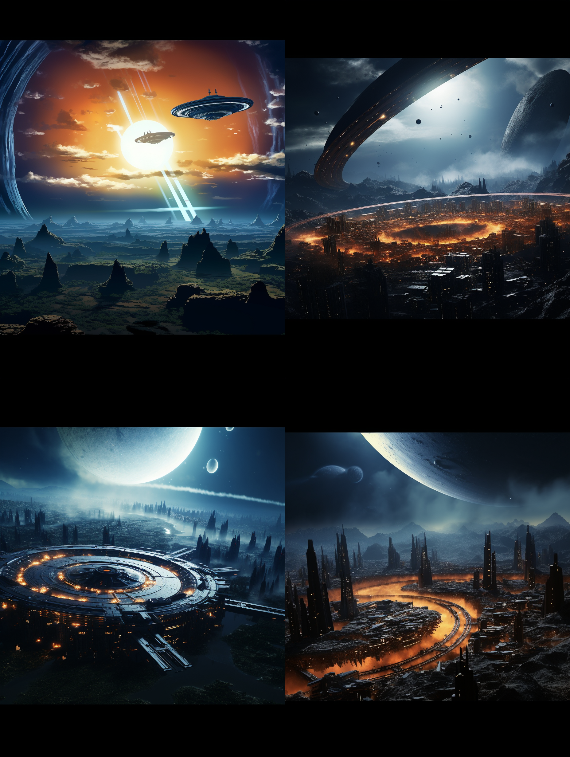 一片类似丹霞高原地貌的火星山脉群中央的一片平原地，群山的远山是规模宏大的超级城市的摩天楼和飘行飞船，一架超大型飞船伸出起落架准备降落，远处天际是巨大的星球在天上悬停，巨大的土星环互环绕着星球，七彩的天女座星云闪光着巨大的光辉，火星平原的科学实验基地建筑分布座落在降落区周边，场景超级壮观，宏大，视觉震憾，整个画面体现了未来的科技之发达，科技美学，彩色层次丰富，细节层次丰富，强烈的空间感，顶级的画质和画面美感，构图有创新，画面中要体现中国的元素，中国航天的标志，8k超高清晰度 ，大文件 