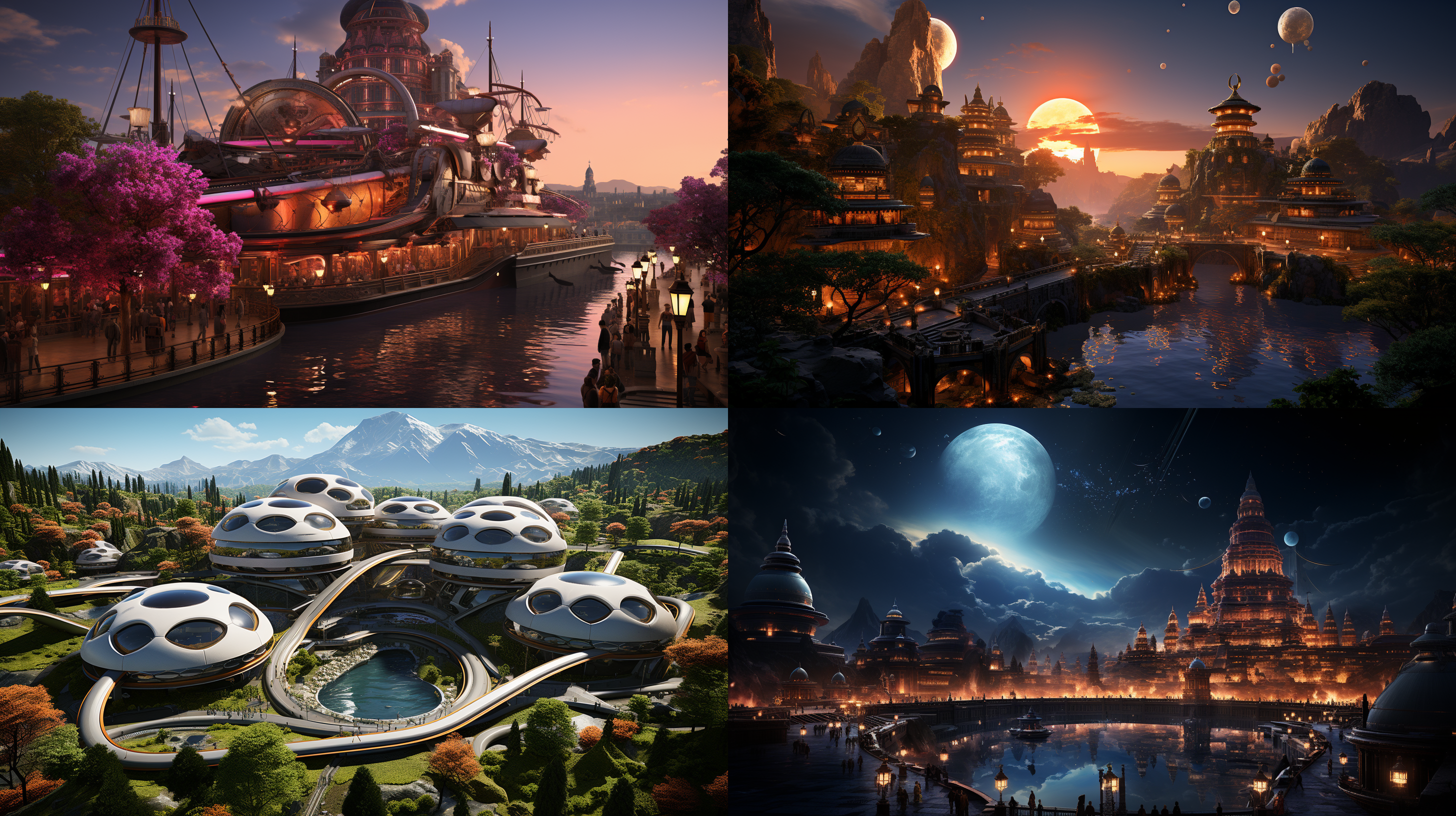 以参考图片的场景状态为标准，生成一个夕阳晚霞下的超级科幻超大规模的城市主题公园的航拍全景，高空航拍远镜头，场面规模宏大，壮观，充满突科幻感的主题雕塑，各种儿童游乐设施，儿童梦幻城堡，代充满未来科技感的科技馆建筑，迪斯尼风格的设施和建筑，大片的多彩景观绿化和景观绿植，体现生态环保的理念，具有顶级的画质和艺术美感，建筑具有未来感和高科技之感，色彩层次丰富，细节丰富逼真，超写实，8k 超高清晰度