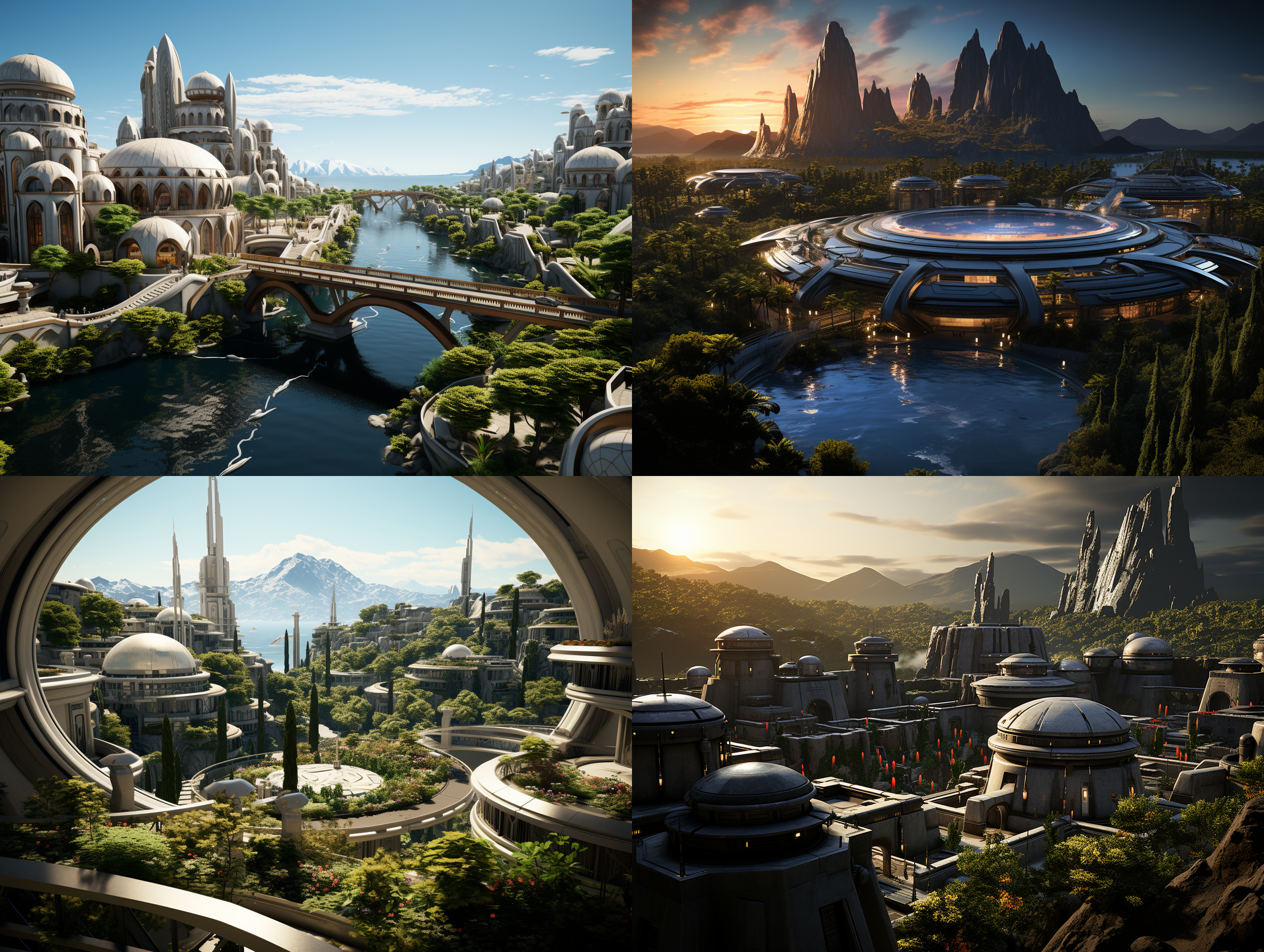 以参考图片的场景状态为标准，生成一个夕阳晚霞下的超级科幻超大规模的城市主题公园的航拍全景，高空航拍远镜头，场面规模宏大，壮观，充满突科幻感的主题雕塑，各种儿童游乐设施，儿童梦幻城堡，代充满未来科技感的科技馆建筑，迪斯尼风格的设施和建筑，大片的多彩景观绿化和景观绿植，体现生态环保的理念，具有顶级的画质和艺术美感，建筑具有未来感和高科技之感，色彩层次丰富，细节丰富逼真，超写实，8k 超高清晰度