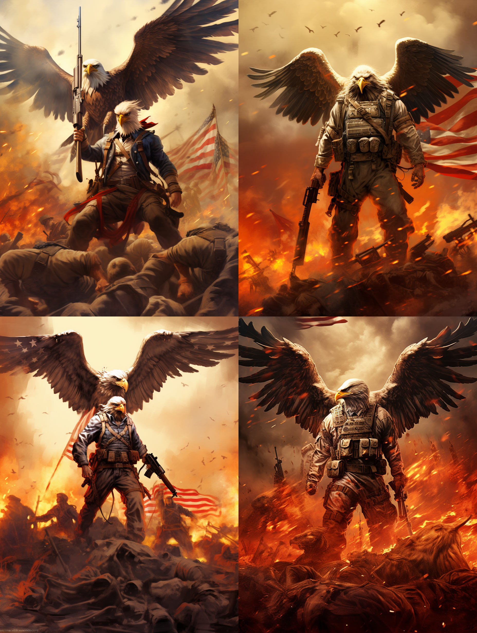 海军陆战队全副武装的老鹰队长，身背重机枪，美国国旗的战袍，身后几名全副武装的美国大兵，战火燃烧猛烈，子弹横飞，远处隐约看到自由女神雕像，6k